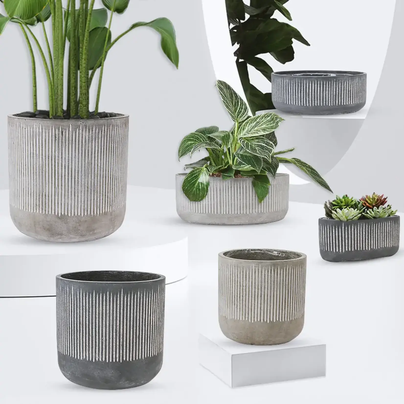 5.5”H X 14” WHITE CERAMIC FLUTED RIBBED PLANTER VASE
