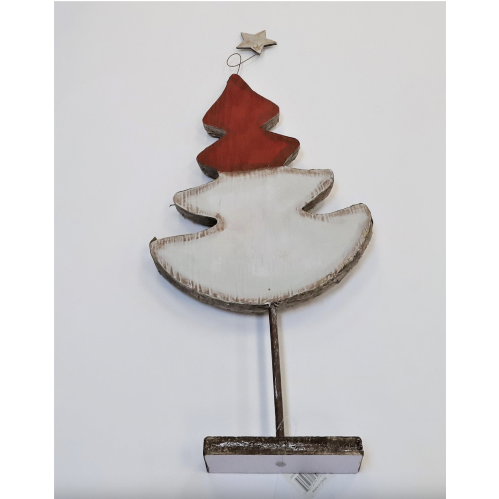 25.6”H X 2.5”W X 10.5”L WHITE AND RED WOOD CHRISTMAS TREE