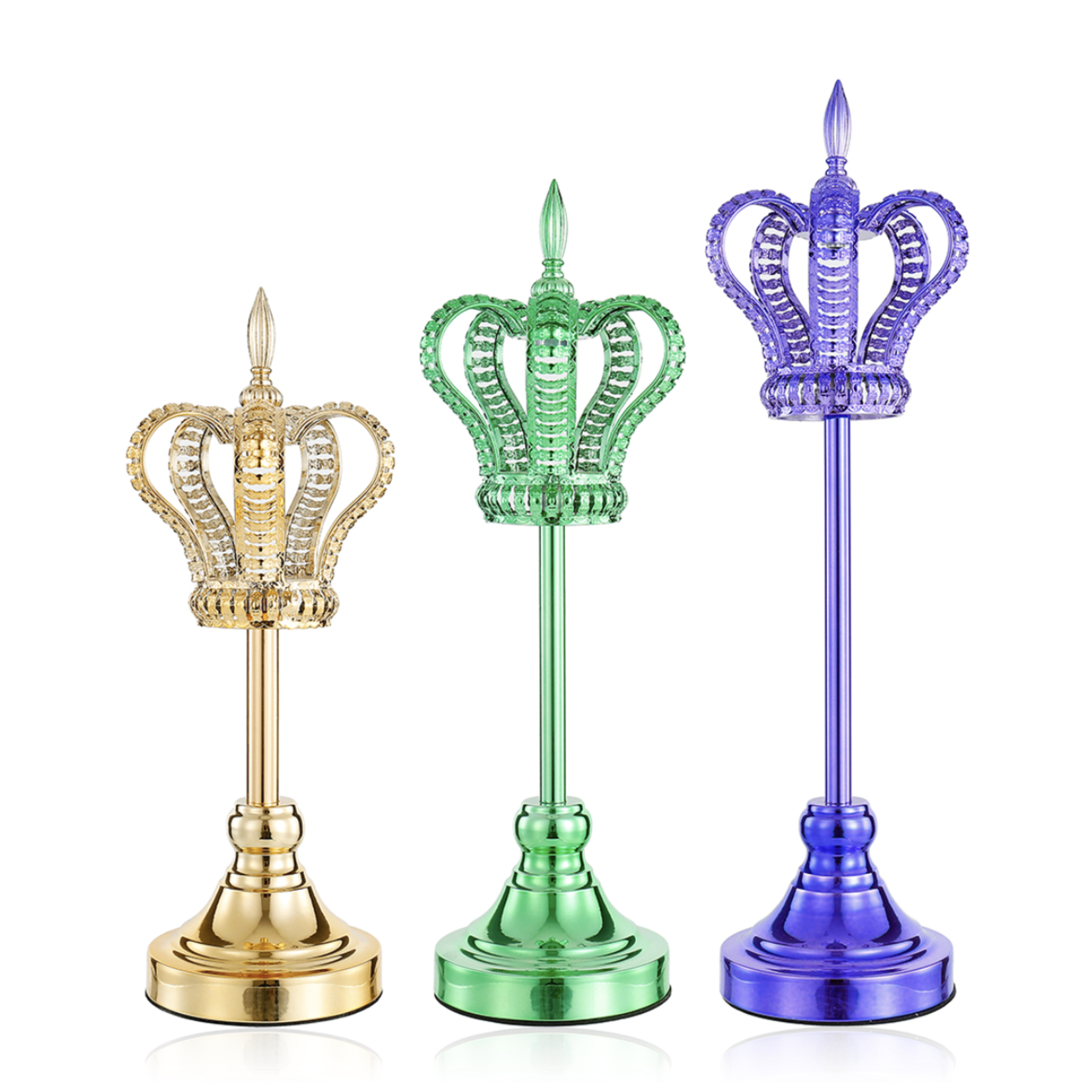 50% off was $70 now $35. 17.5”H, 15.5”H, 13.5”H X 5”KING QUEEN CROWN SET IN GOLD, SILVER AND PURPLE