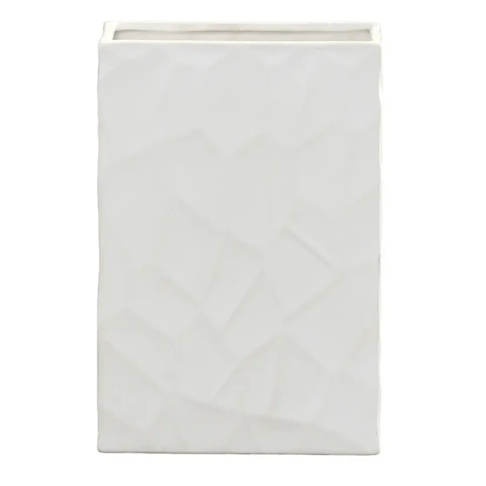 9”H X 3.5” X 6” MATTE WHITE CERAMIC HAMMERED FINE LINE RECTANGLE VASE