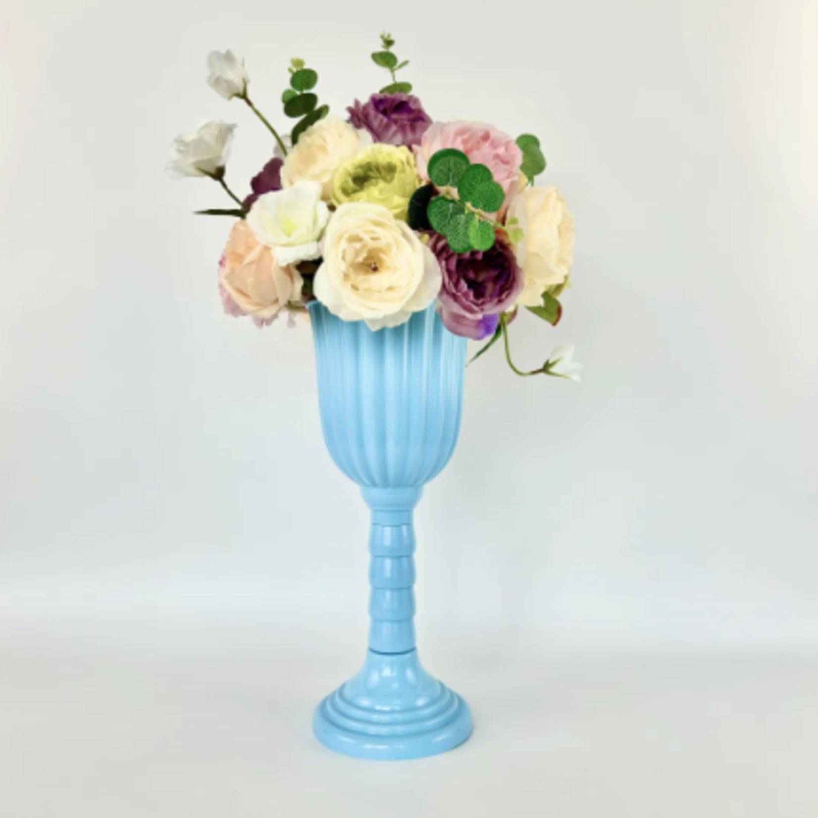 17.5”H X 7.25”D LIGHT BLUE PLASTIC URN VASE (THE HEIGHT CAN BE ADJUSTED AS LOW AS 12.5”)