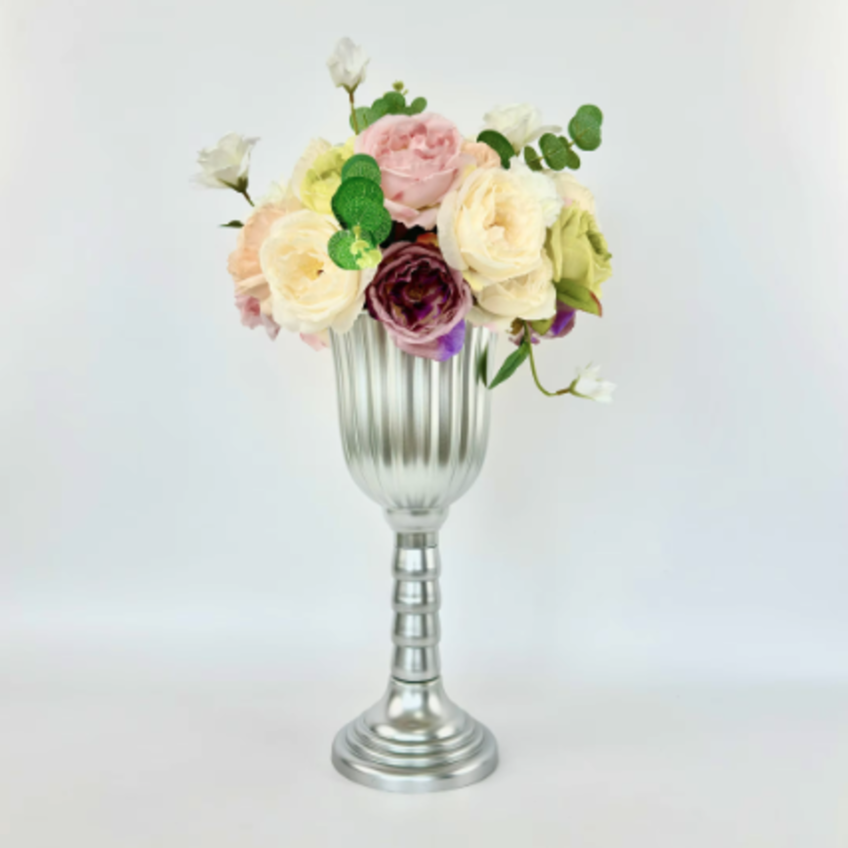 17.5”H X 7.25”D SILVER PLASTIC URN VASE (THE HEIGHT CAN BE ADJUSTED AS LOW AS 12.5”)