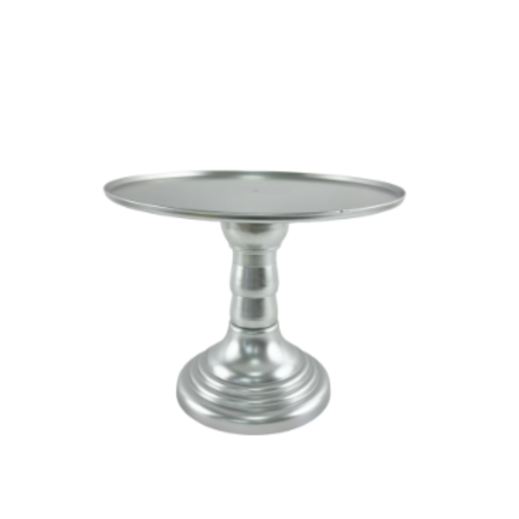 9”H X 11” SILVER ROUND PLASTIC ADJUSTABLE CAKE AND CUPCAKE STAND (THE HEIGHT CAN BE ADJUSTED AS LOW AS 6.25”H)