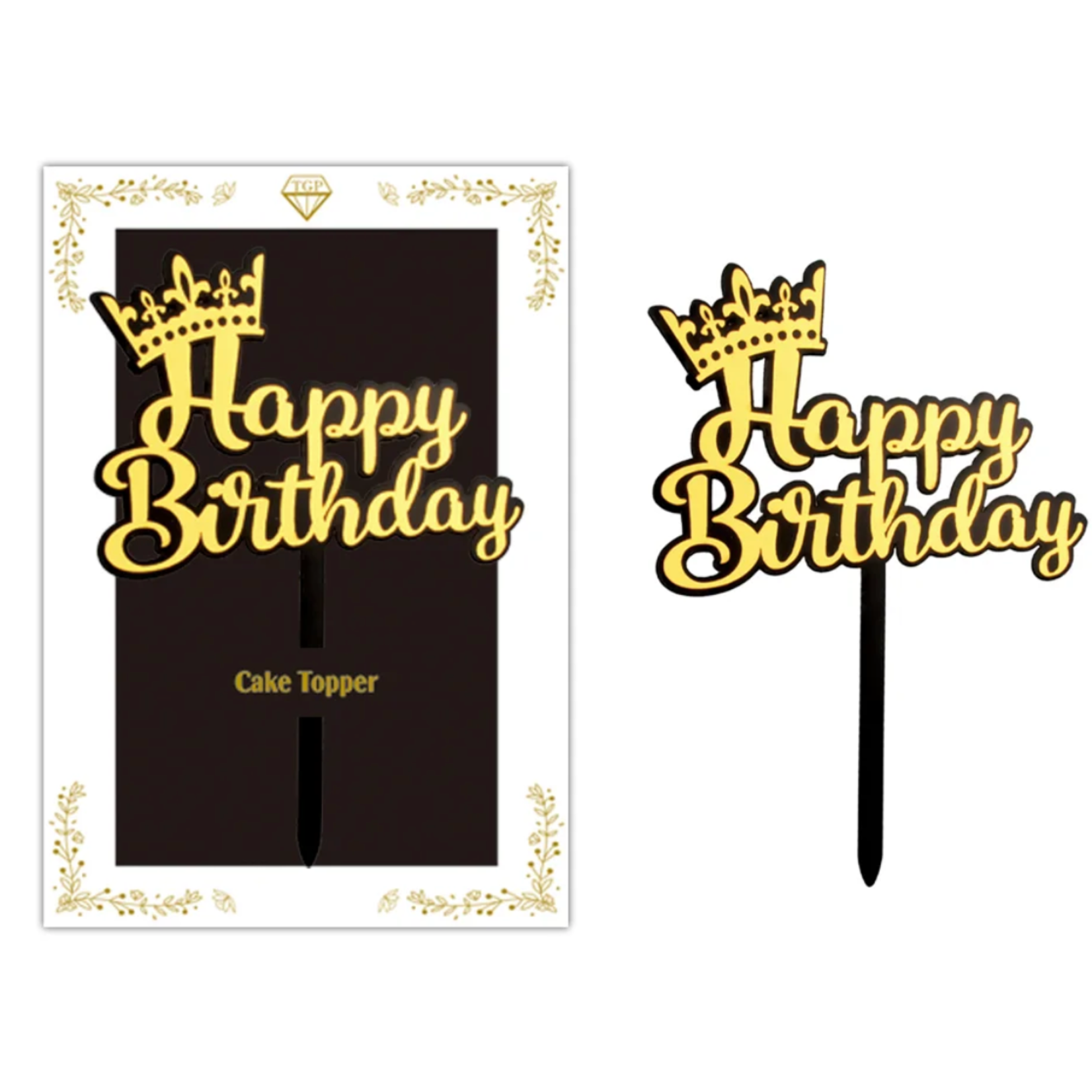 HAPPY BIRTHDAY W CROWN, GOLD CAKE TOPPER