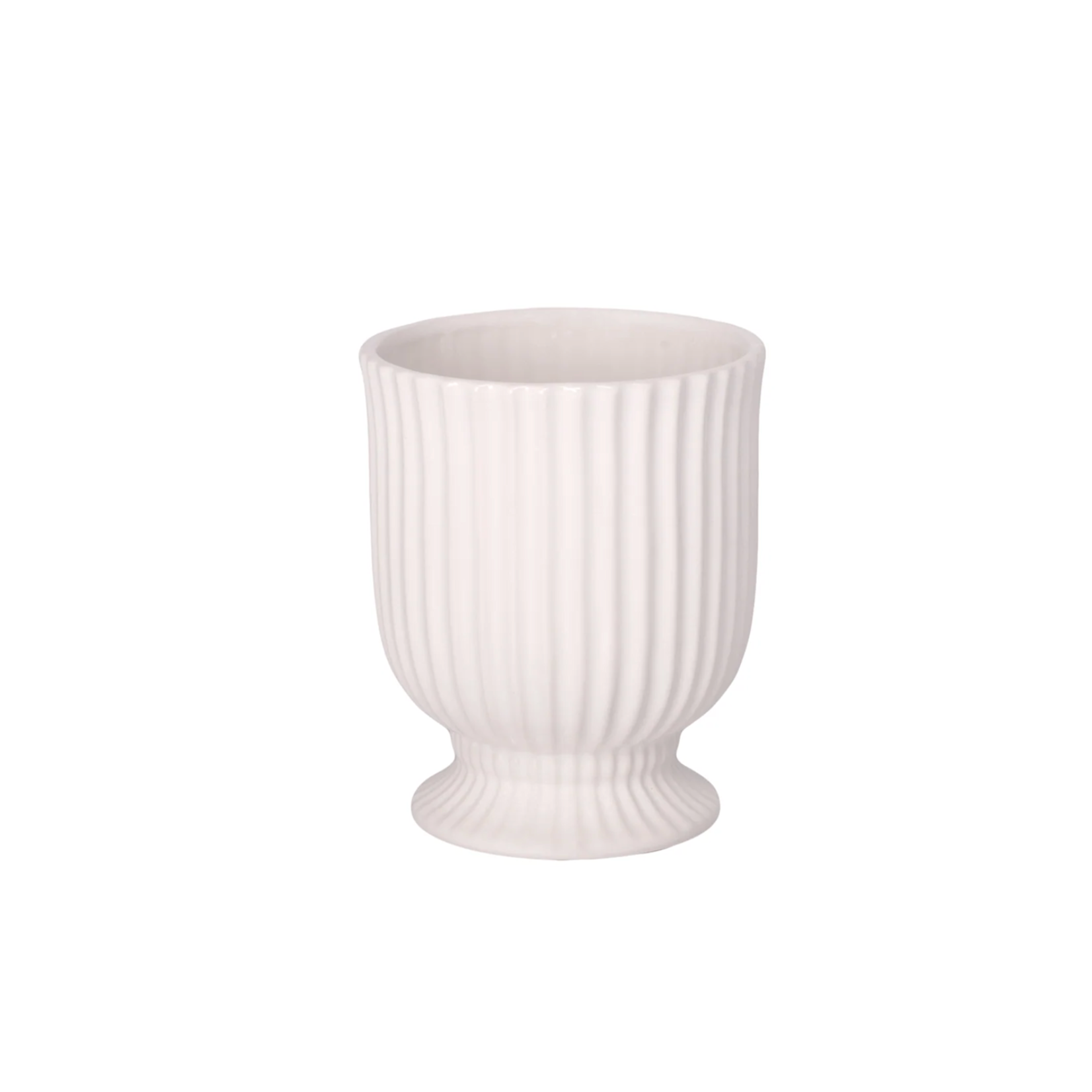 6.5”H X 5.5” WHITE CERAMIC RIBBED PEDESTAL URN