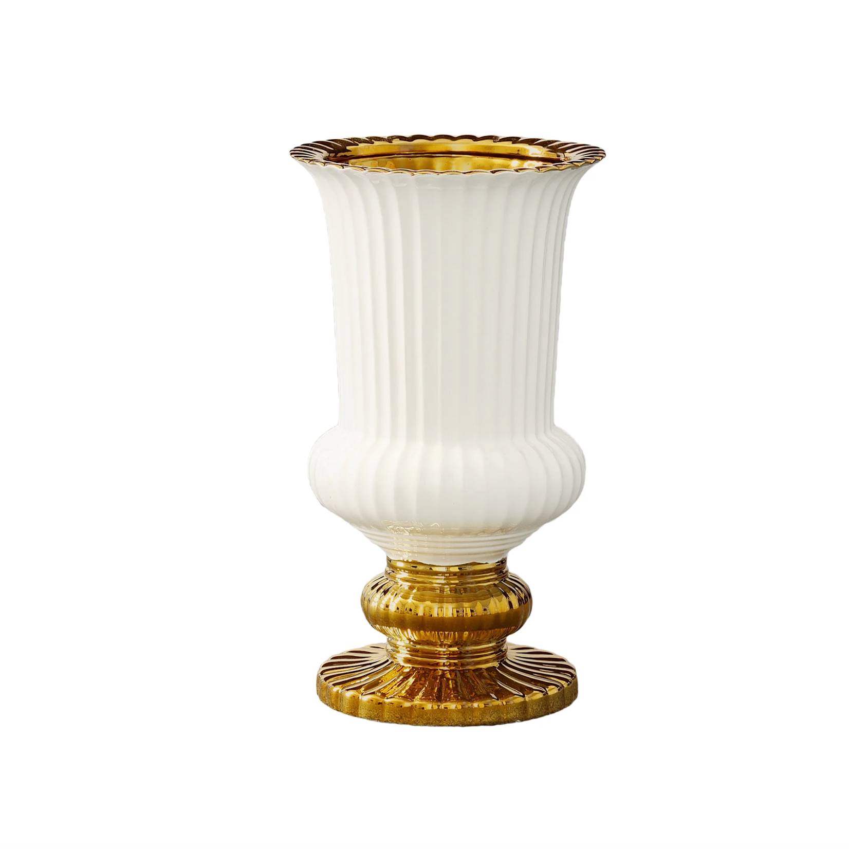 12”H X 7” GLOSSY WHITE WITH GOLD CERAMIC PEDESTAL