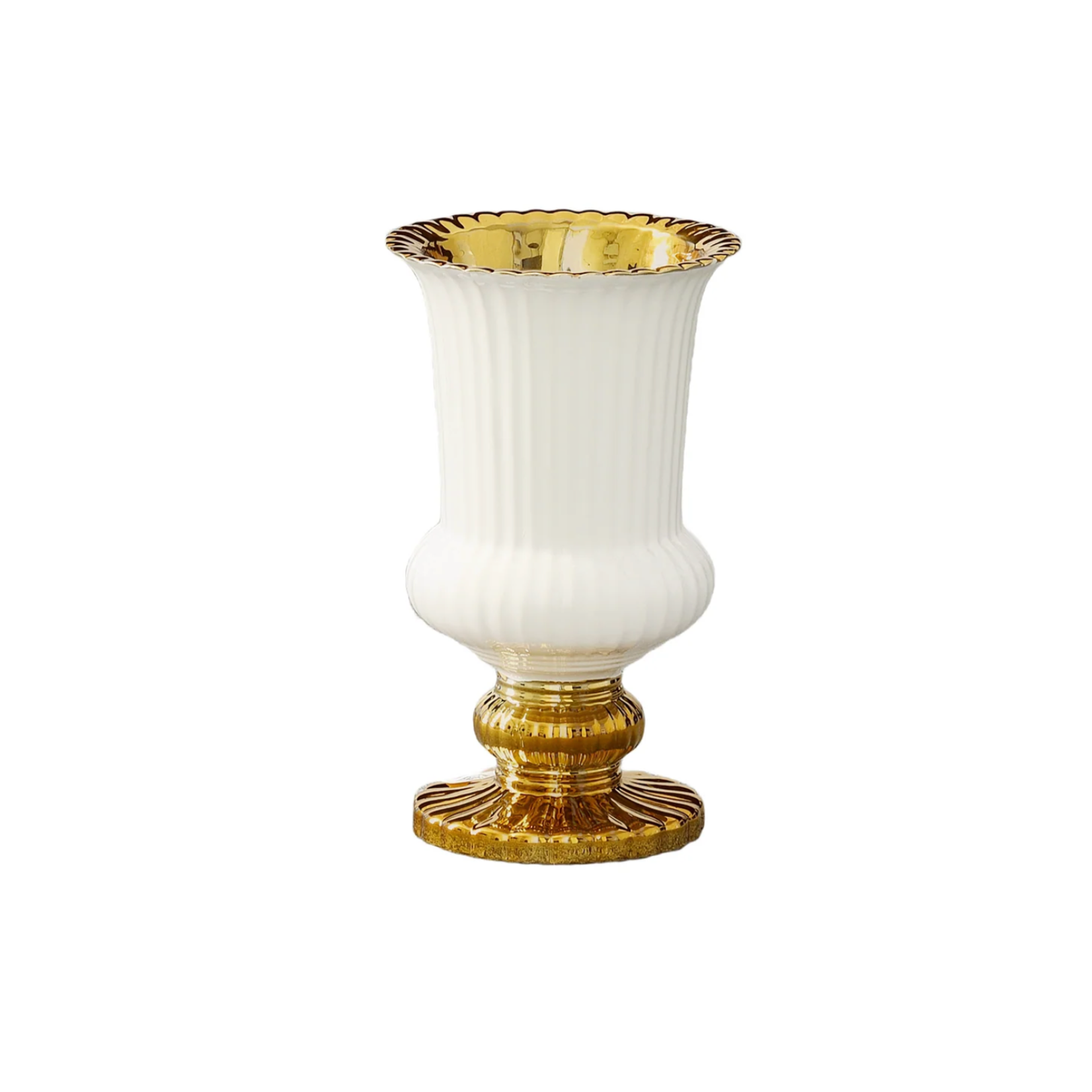 8”H X 5” GLOSSY WHITE WITH GOLD CERAMIC PEDESTAL