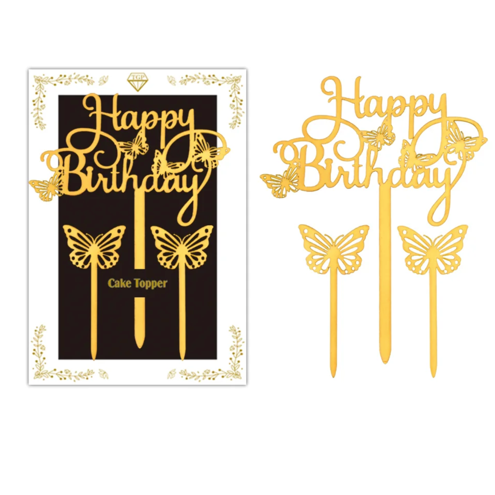 GOLD HAPPY BIRTHDAY CAKE TOPPER WITH BUTTERFLIES