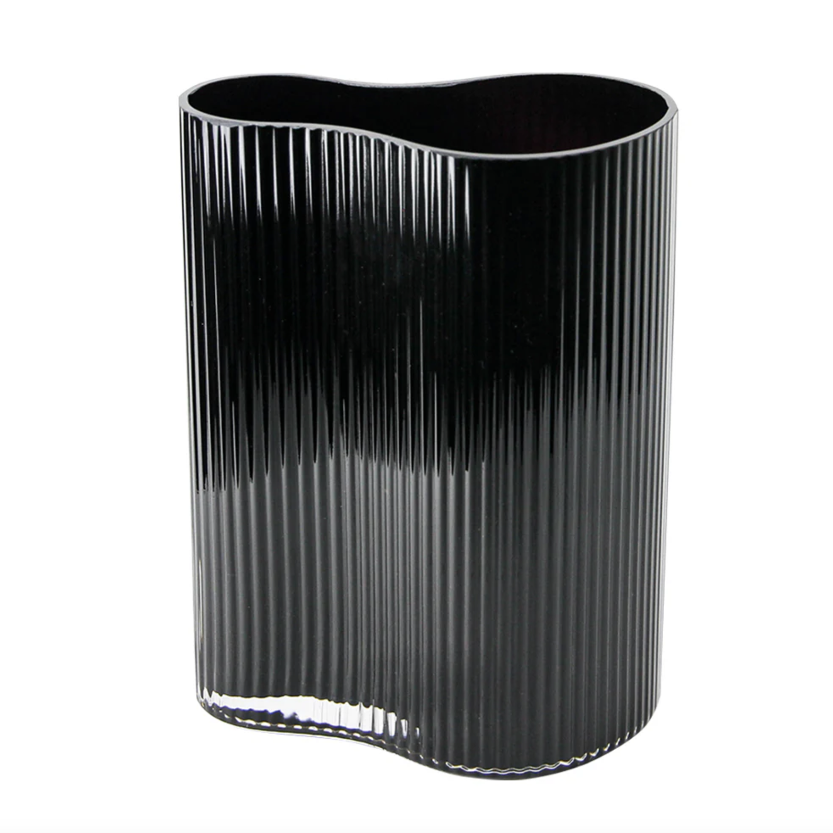 10”h x 4.75” x 7.5” BLACK GLASS MILA WAVE VASE