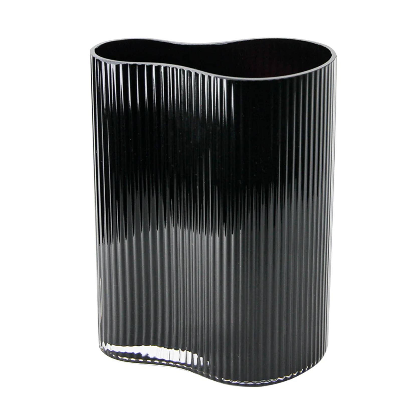 10”h x 4.75” x 7.5” BLACK GLASS MILA WAVE VASE