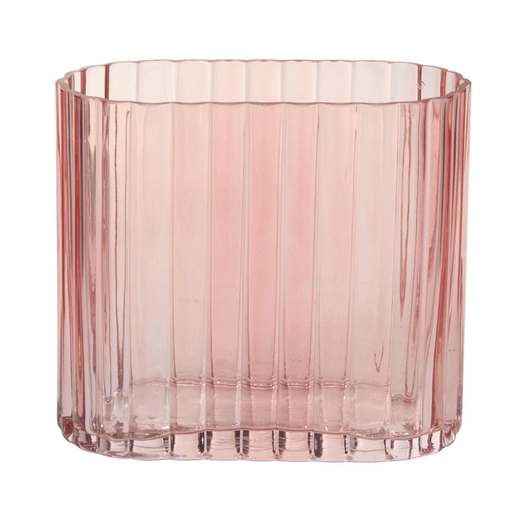 7”h x 3.75” x 8”L PINK FLUTED GLASS CLEMATIS VASE
