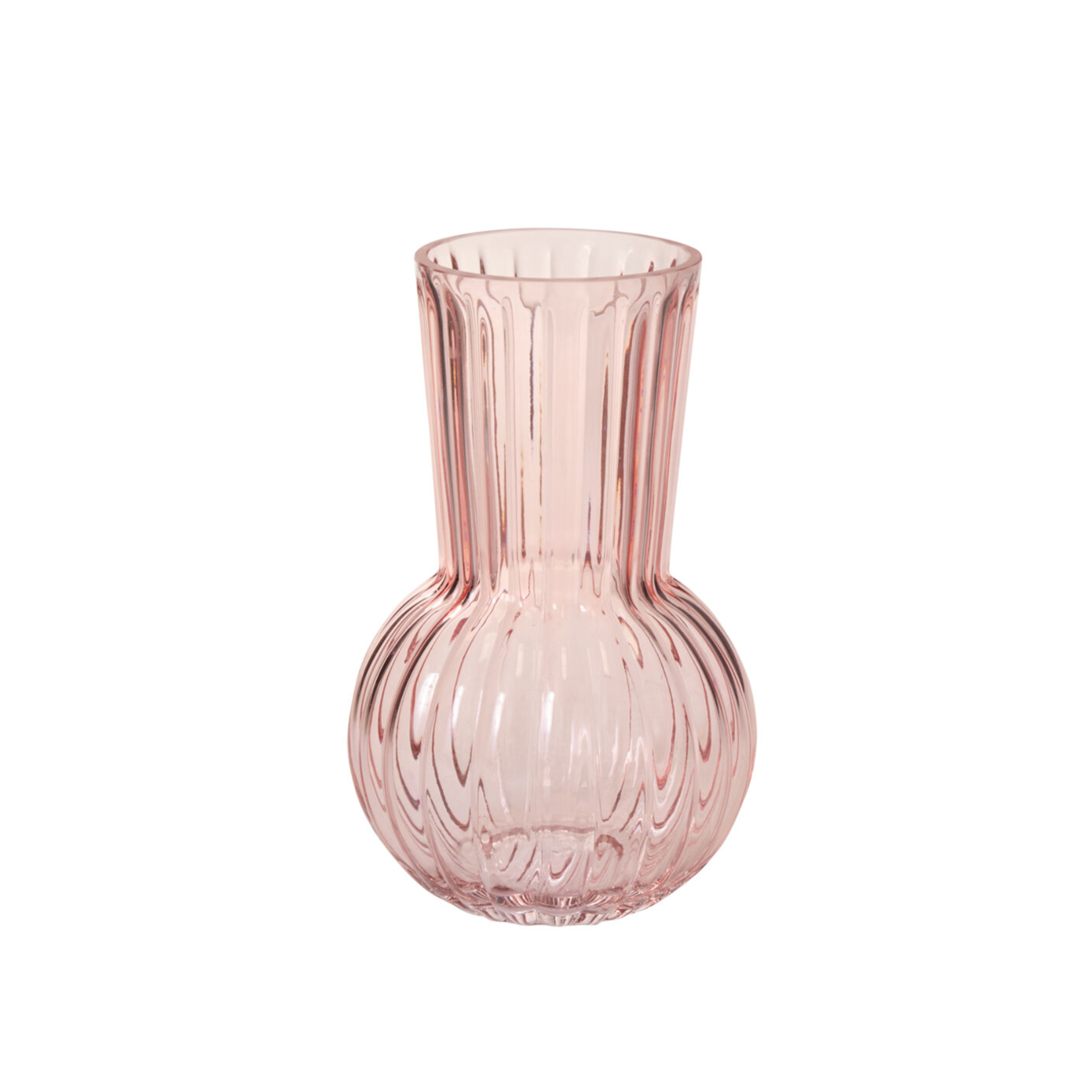8”H X 5” PINK GLASS RIBBED PEONY VASE