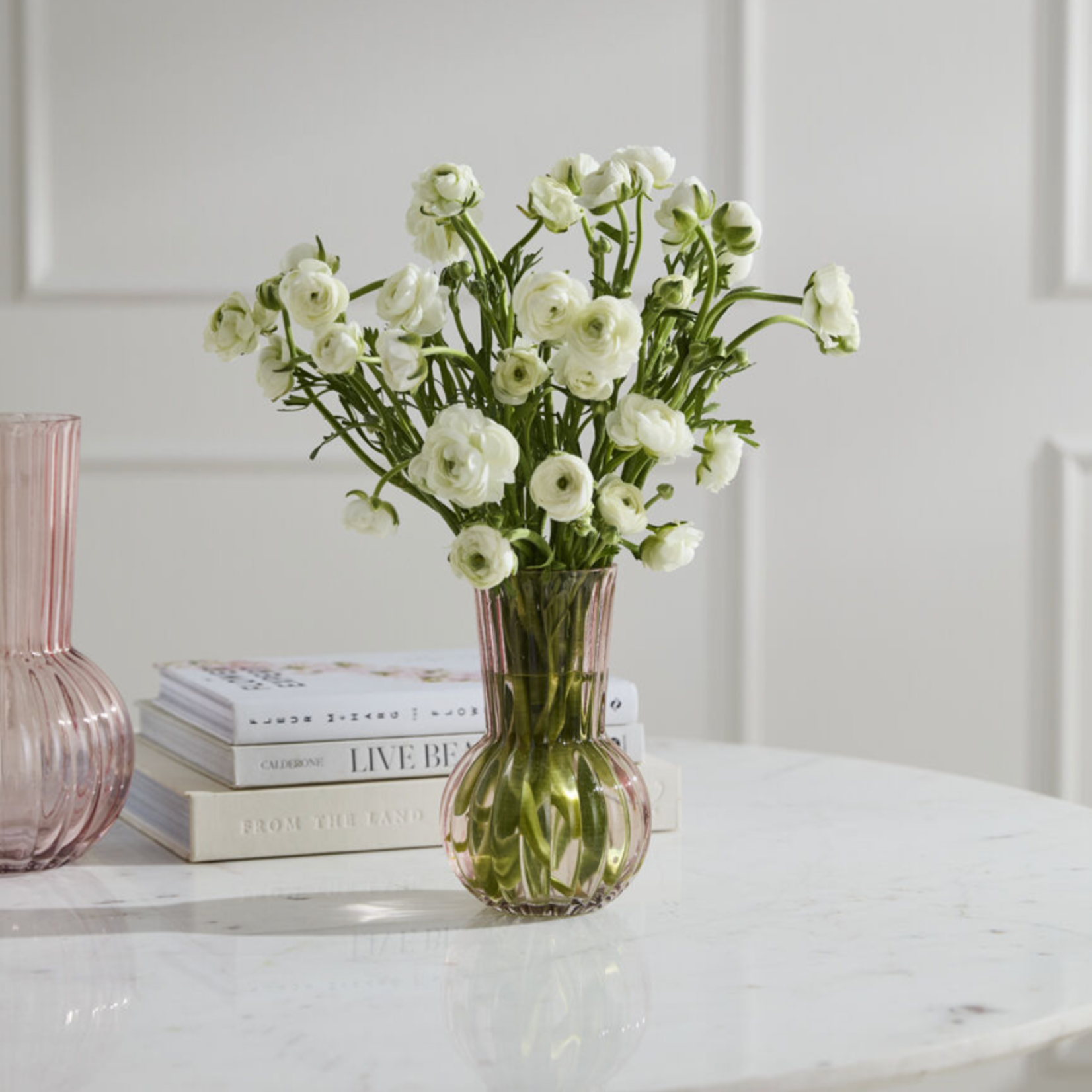 8”H X 5” PINK GLASS RIBBED PEONY VASE