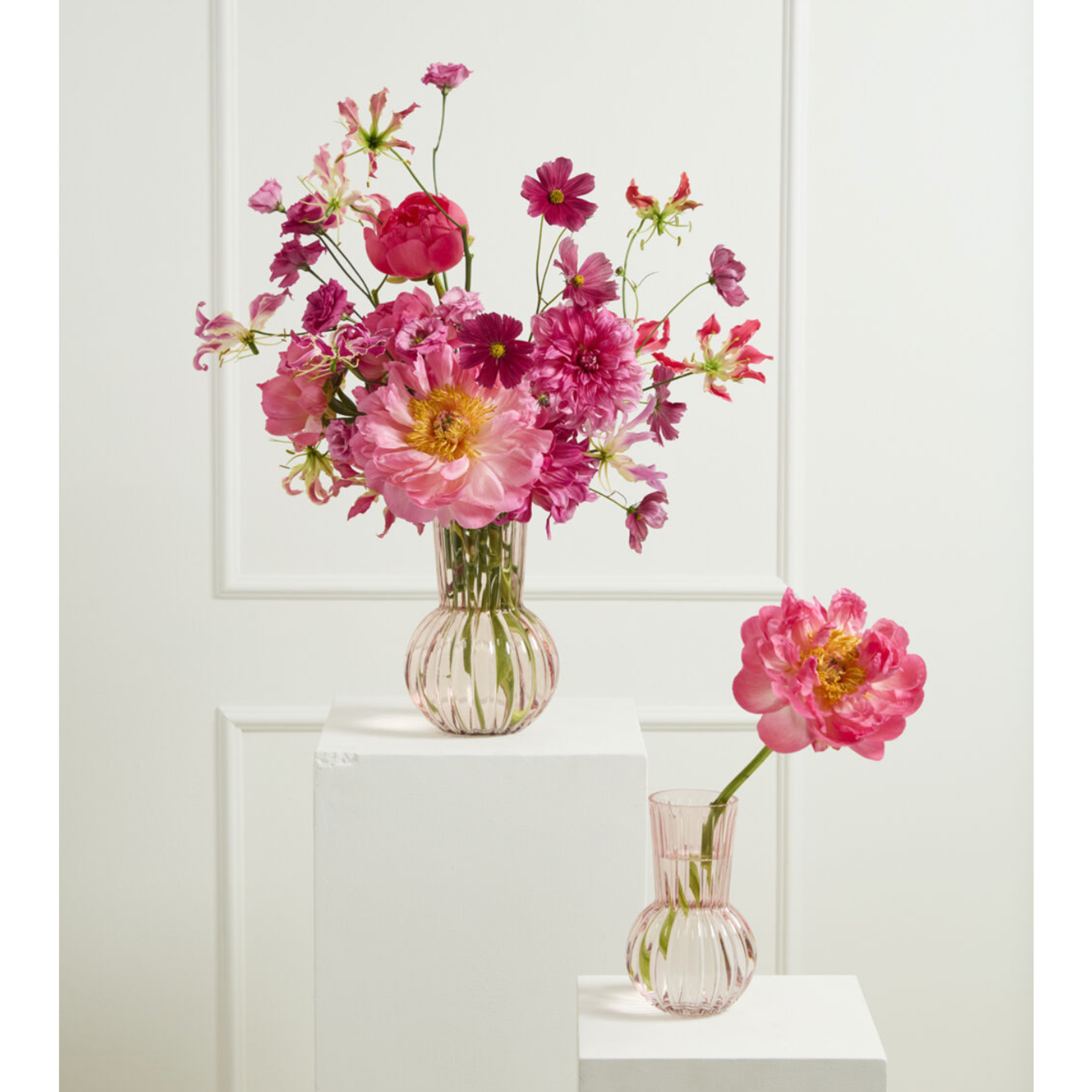 8”H X 5” PINK GLASS RIBBED PEONY VASE