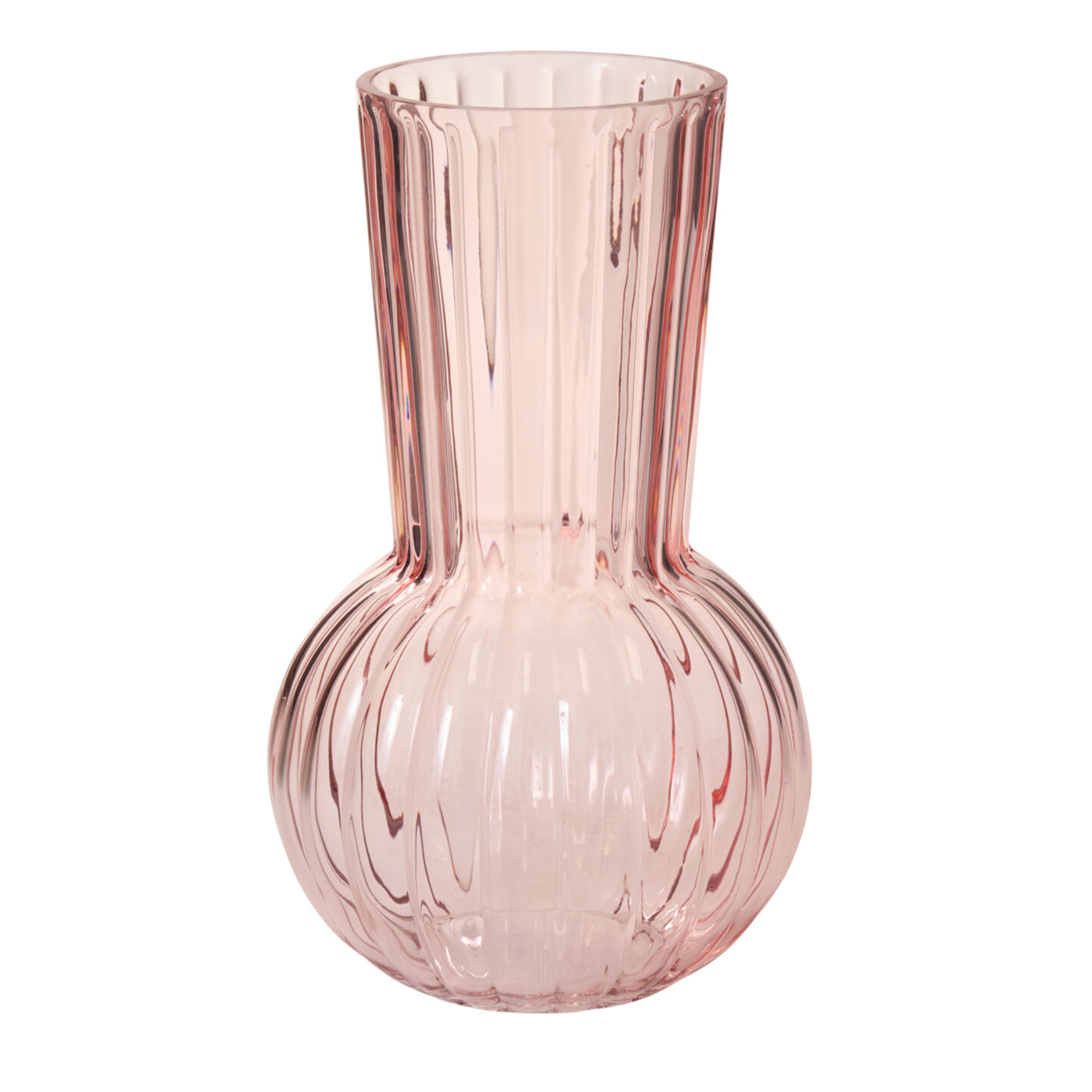 11”H X 6.75” PINK GLASS RIBBED PEONY VASE