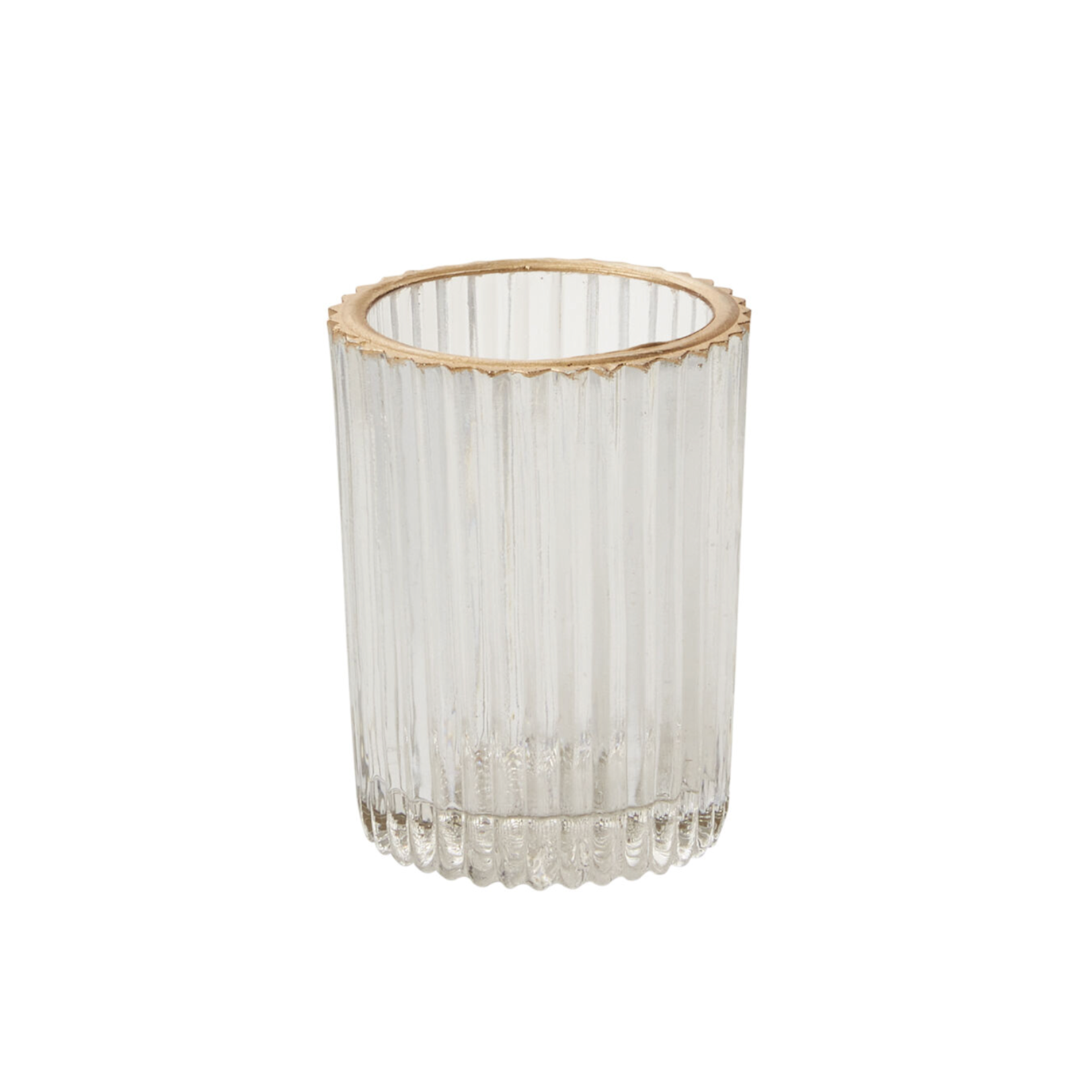 2.75”H X 2.25” CLEAR GLASS FLUTED RITZY VOTIVE WITH GOLD LIP