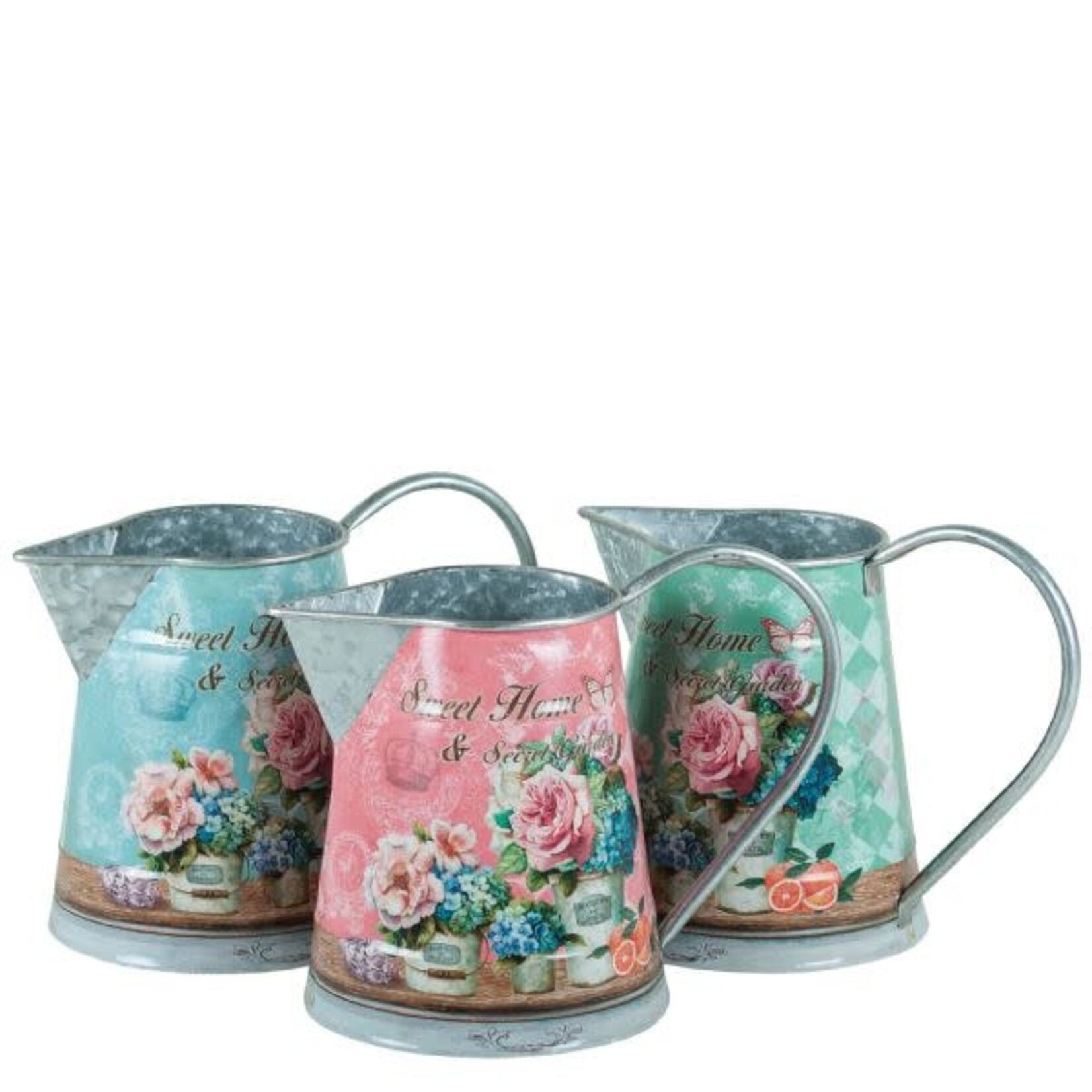 9"H X 4.5" ROUND METAL, MOM'S GARDEN, METAL PITCHER.  ND (price per each, box has asst.)