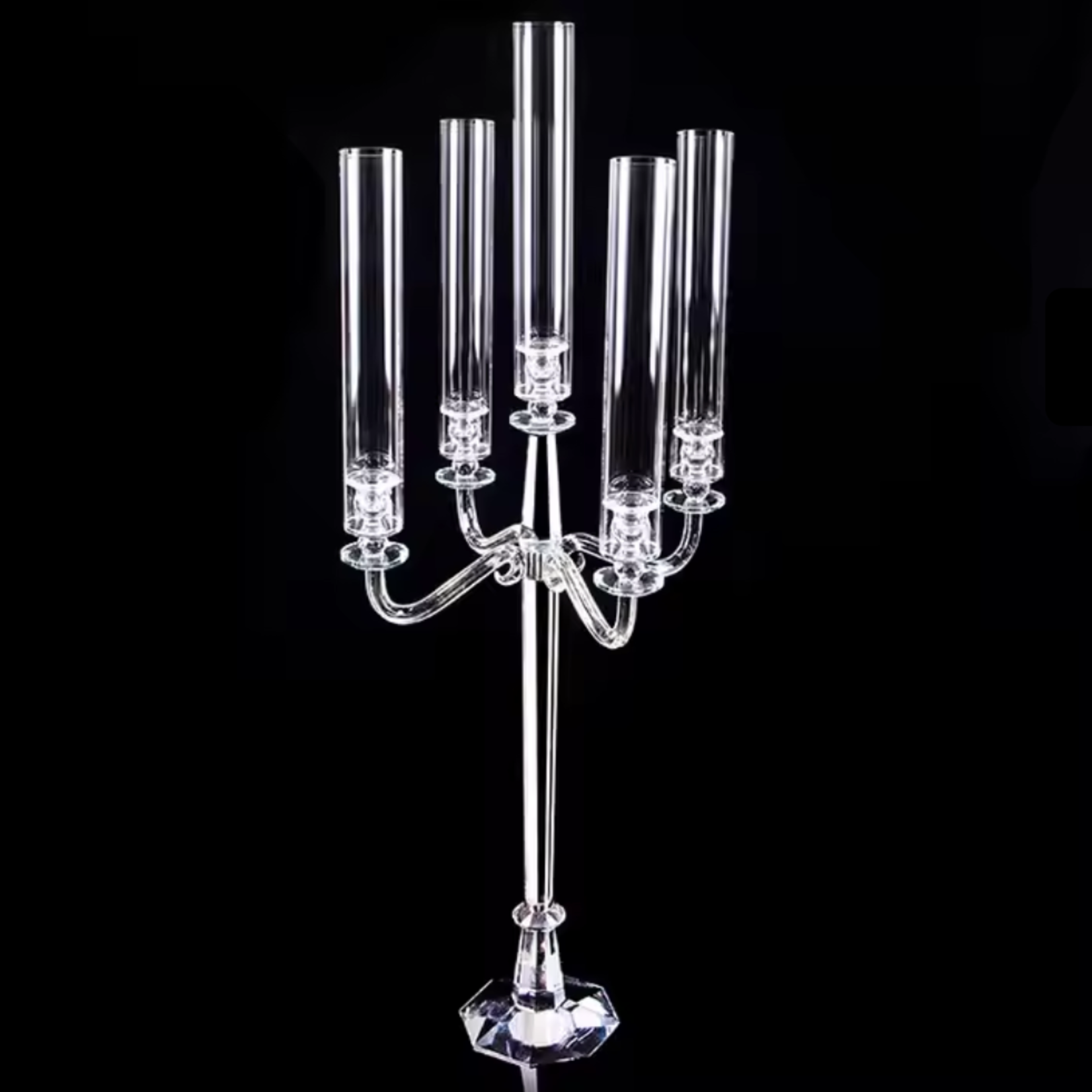 QUALITY WHOLESALE 38” CLASSIC CRYSTAL GLASS CANDELABRA 5 ARMS, CHIMNEY INCLUDED