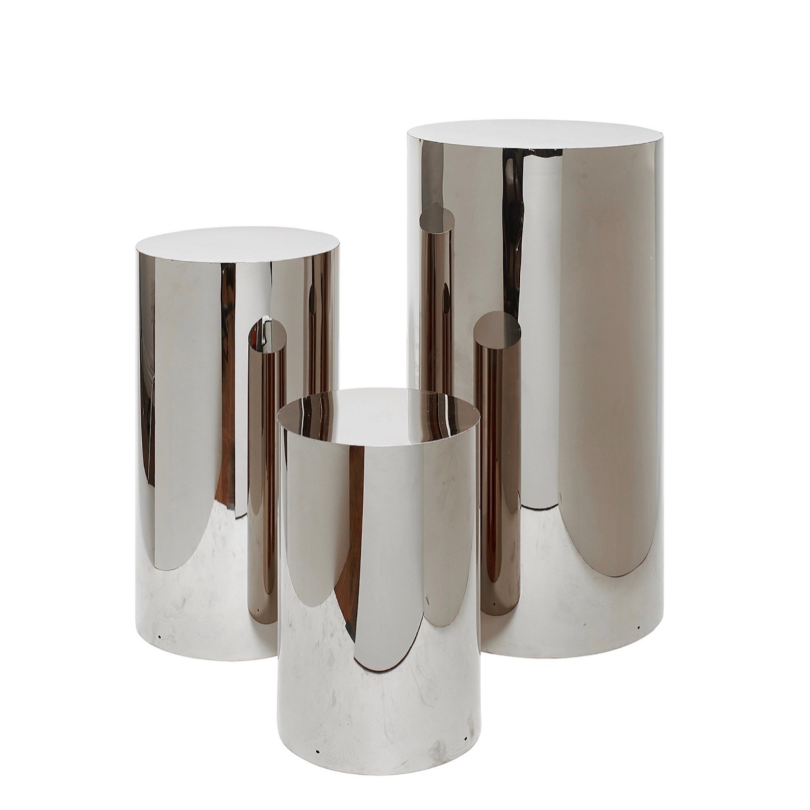 QUALITY WHOLESALE METALLIC METAL SILVER COLUMN SET OF THREE 36”H X 16”, 28” x 14”, 20”h x 13