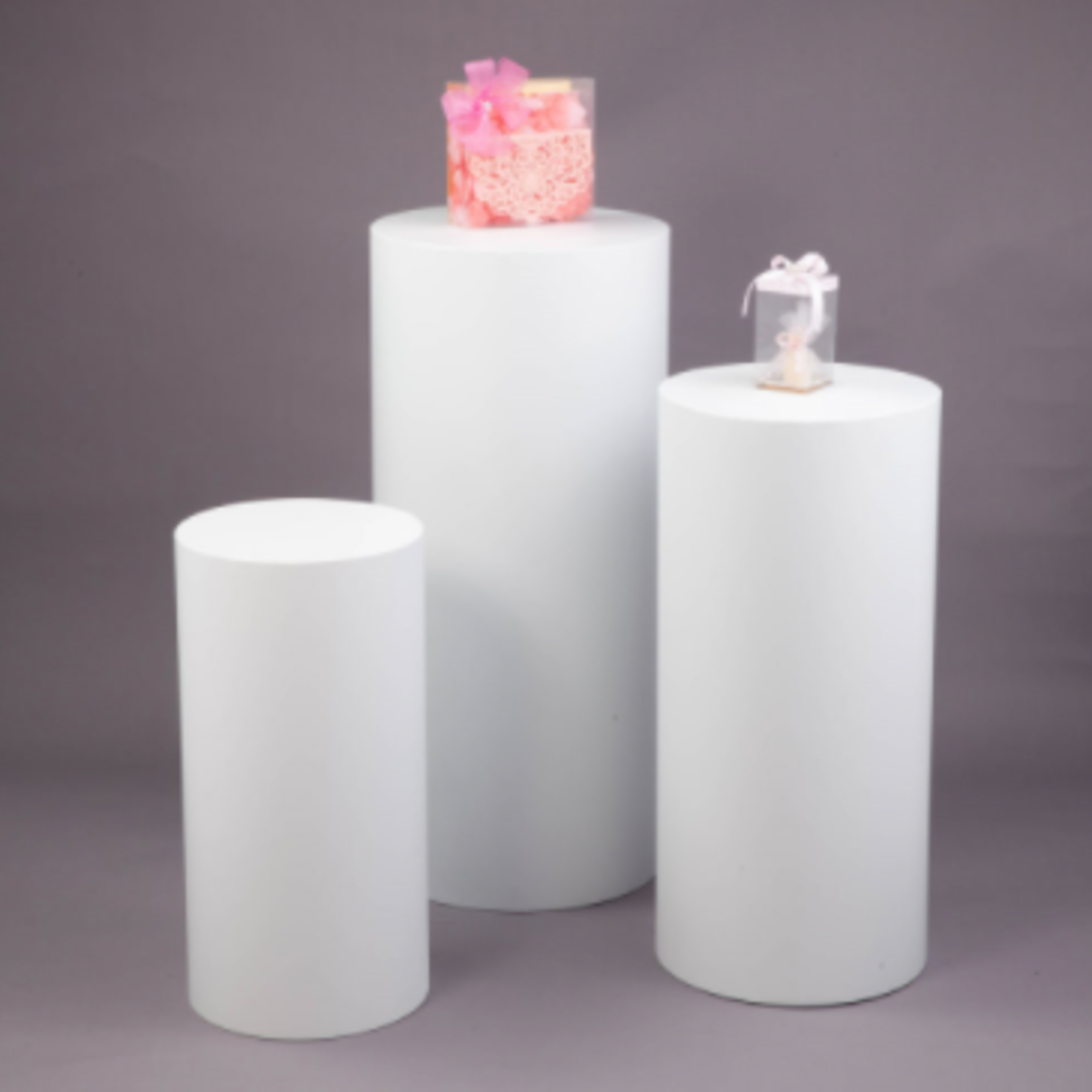 QUALITY WHOLESALE WHITE METAL COLUMN SET OF THREE 36”H X 16”, 28” x 14”, 20”h x 12