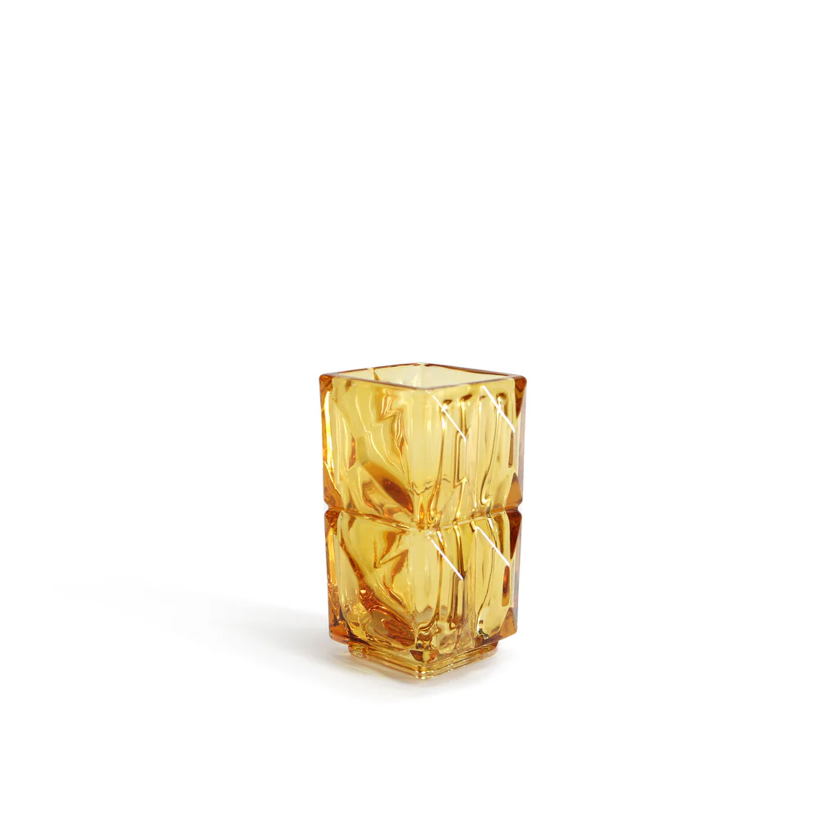 5.25”H X 3.25” X 3.25” AMBER CRYSTALLINE EDGE BUDVASE
