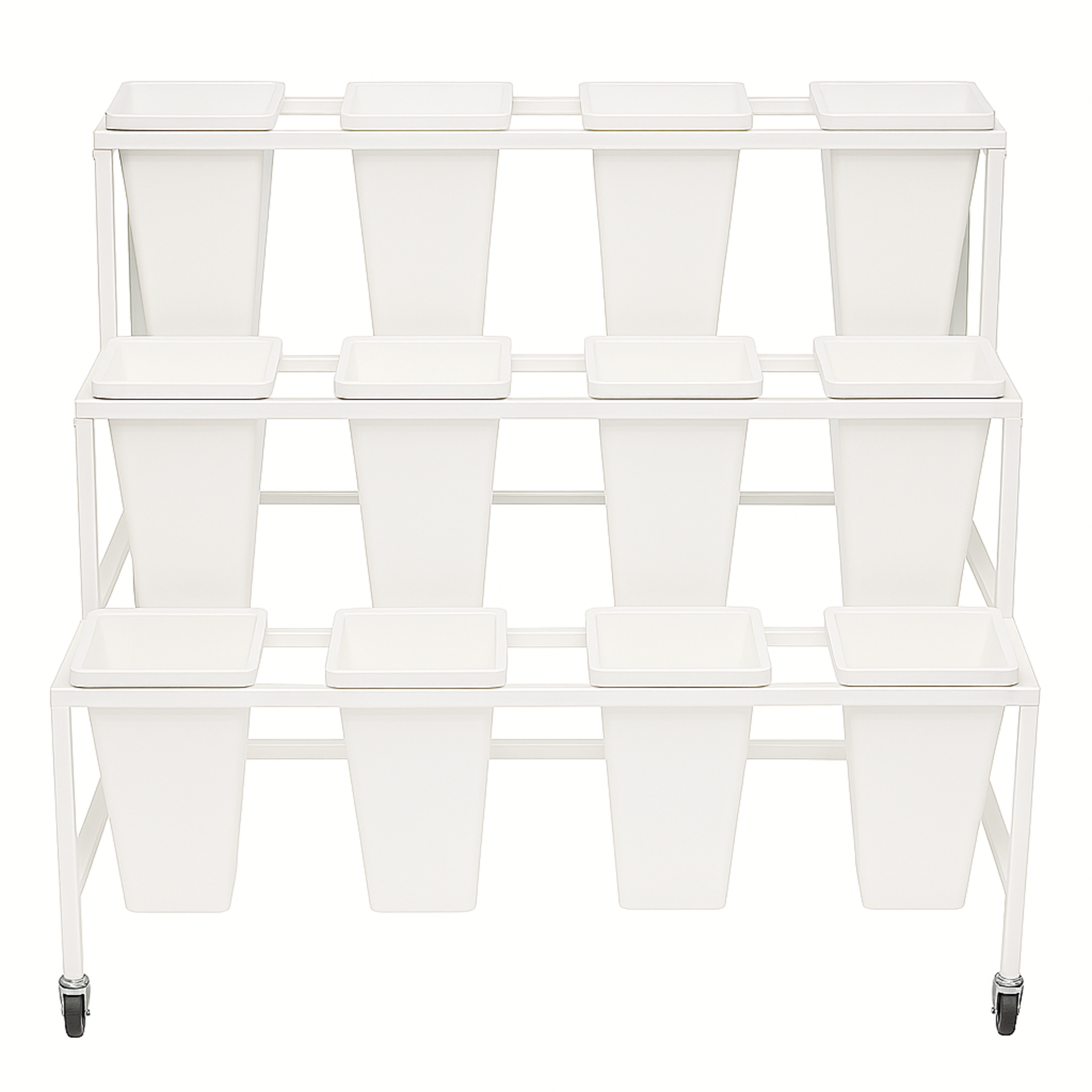 QUALITY WHOLESALE 12 SQUARE WHITE BUCKET, WHITE STAND W/ BUCKETS INCLUDED 31.25"H X 39.5"L X 23.25" REG PRICE $280.