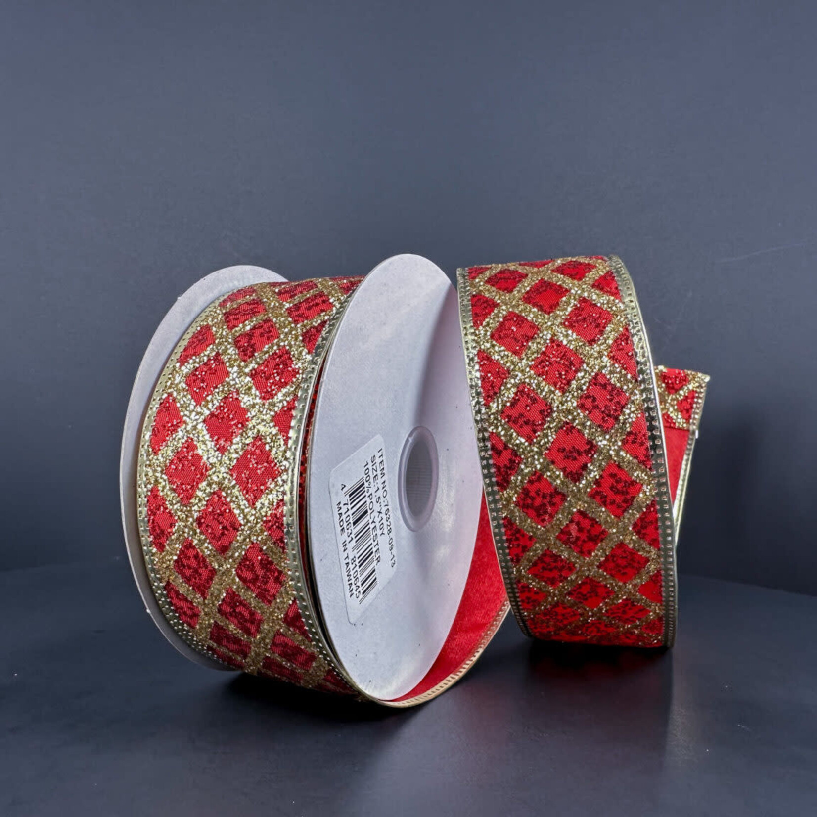 1.5" X 10 YDS GLITTER , WIRED RED AND GOLD RIBBON