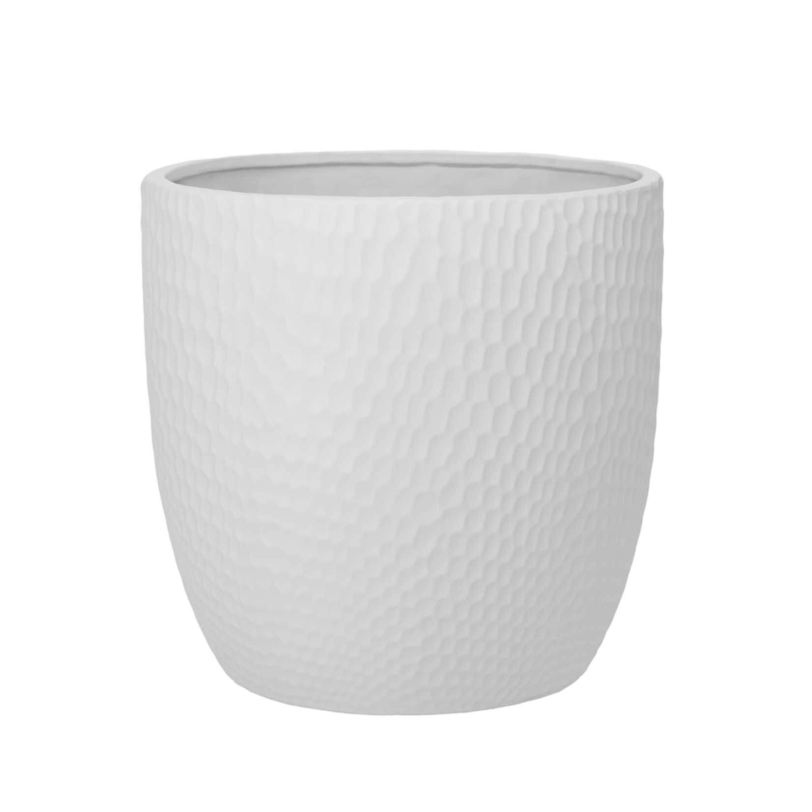 11"h x 12" CERAMIC ROUND POT WITH HAMMERD PATTERN DESIGN BODY  MATTE FINISH WHITE