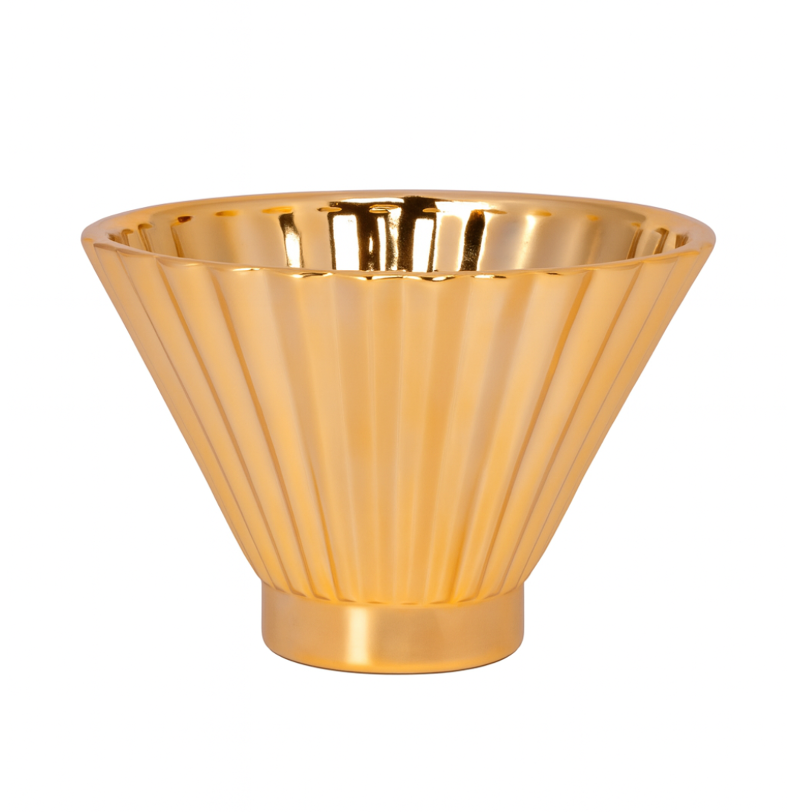 7.5"h x 11" CERAMIC ROUND BOWL WITH EMBOSSED CORRUGATED DESIGN BODY IN TAPERED BOTTOM DESIGN  METALLIC FINISH GOLD