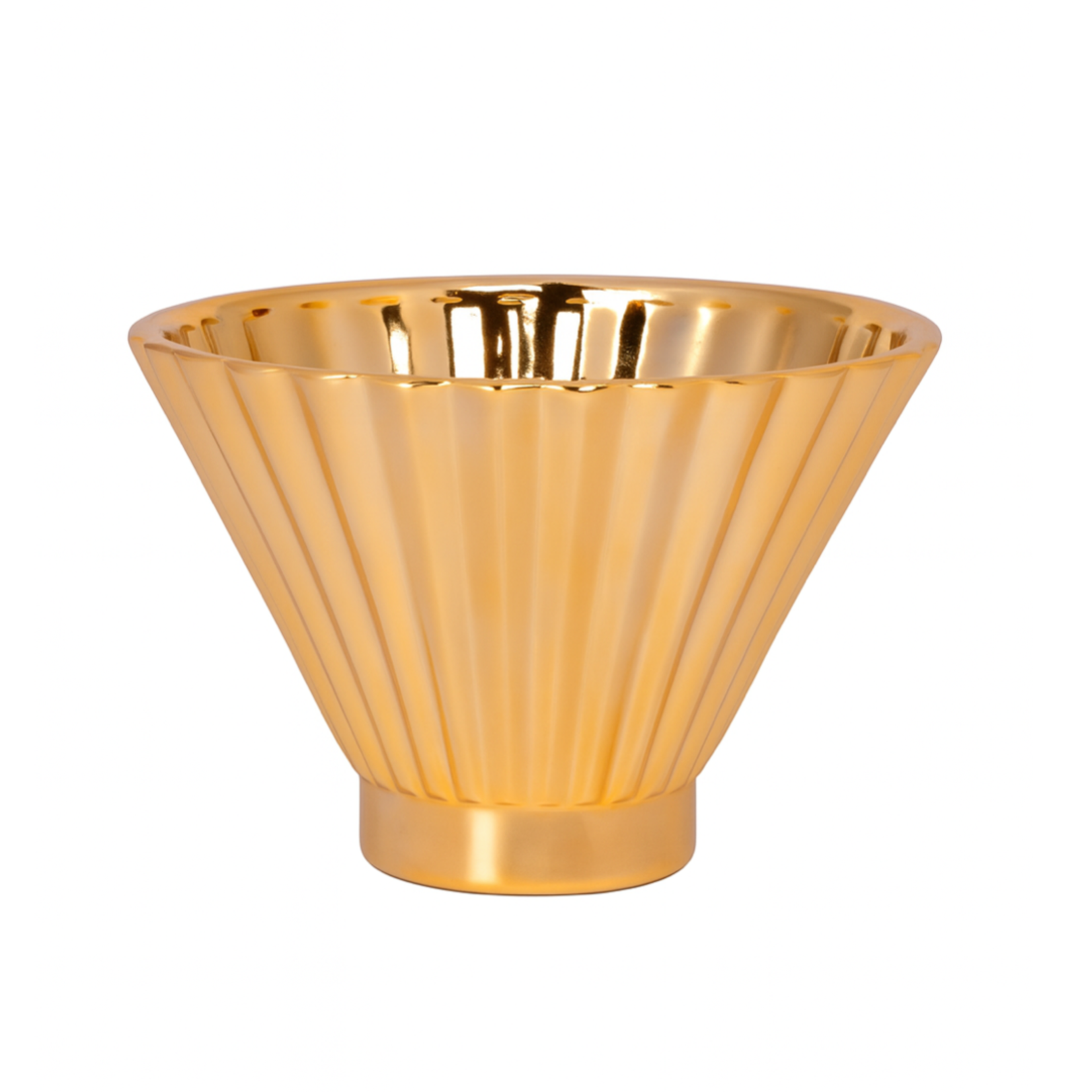 6.25"h x 9.5" CERAMIC ROUND BOWL WITH EMBOSSED CORRUGATED DESIGN BODY IN TAPERED BOTTOM DESIGN  METALLIC FINISH GOLD