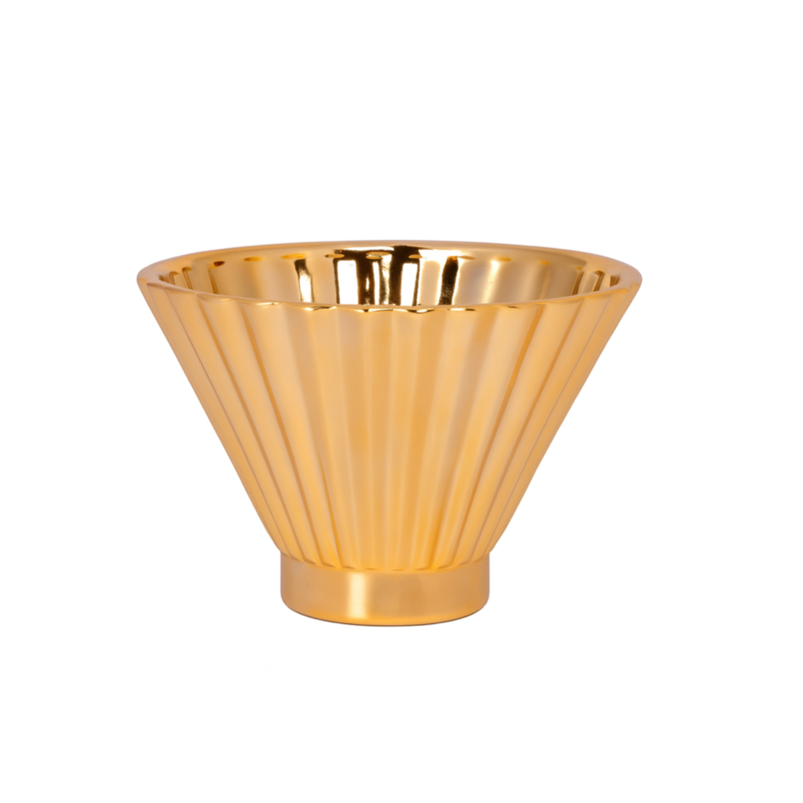 5"h x 7.5" CERAMIC ROUND BOWL WITH EMBOSSED CORRUGATED DESIGN BODY IN TAPERED BOTTOM DESIGN  METALLIC FINISH GOLD