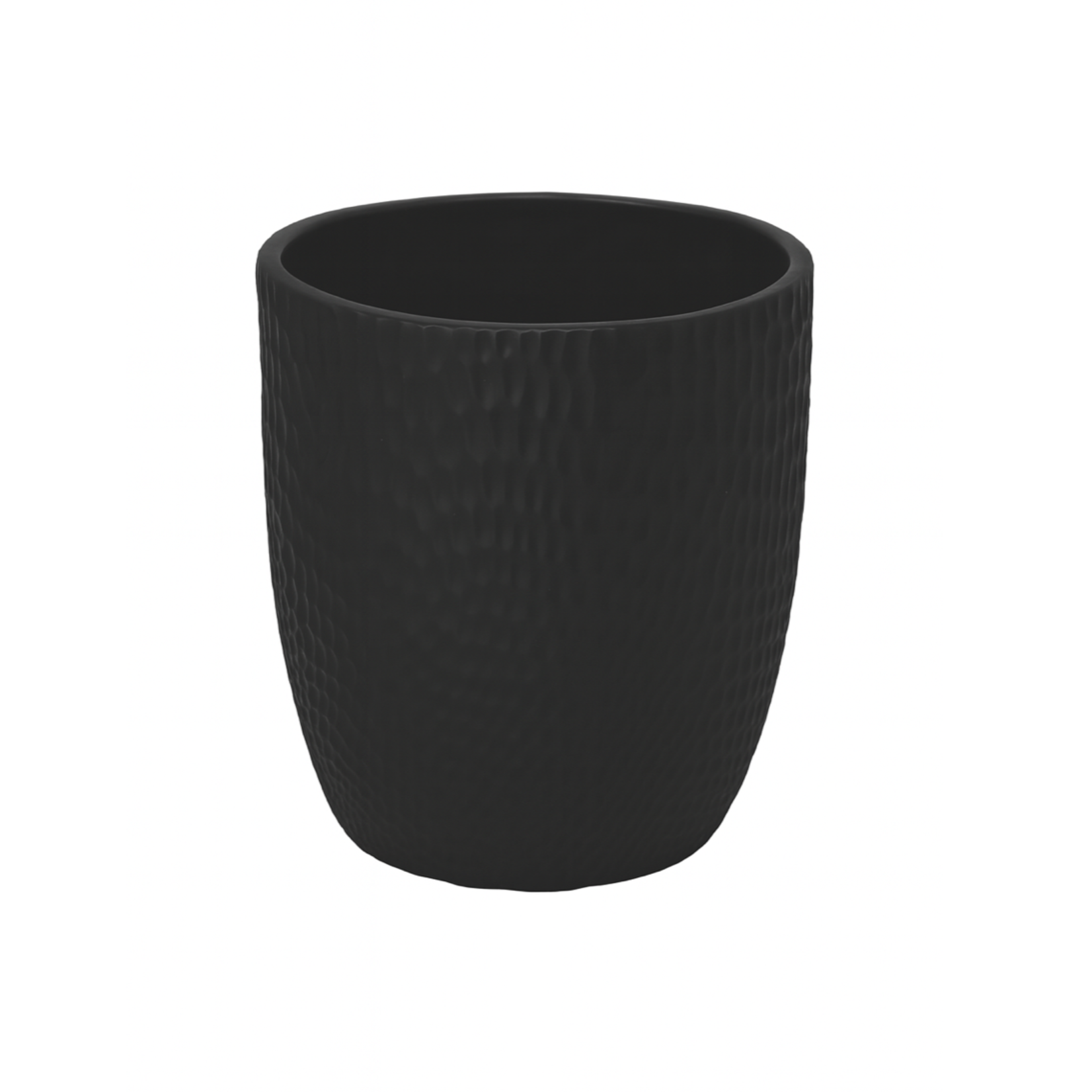 9.25"h x 9.75" CERAMIC ROUND POT WITH HAMMERD PATTERN DESIGN BODY  MATTE FINISH BLACK