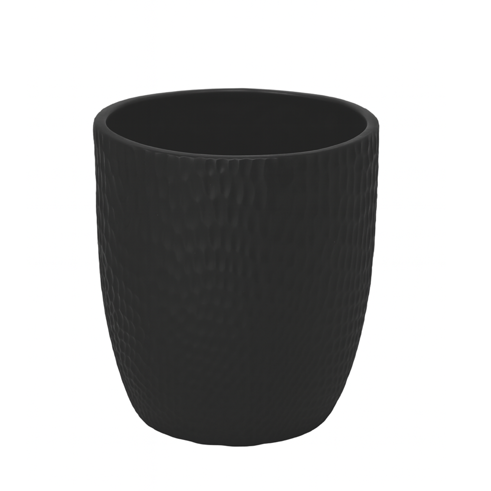 11"h x 12" CERAMIC ROUND POT WITH HAMMERD PATTERN DESIGN BODY  MATTE FINISH BLACK