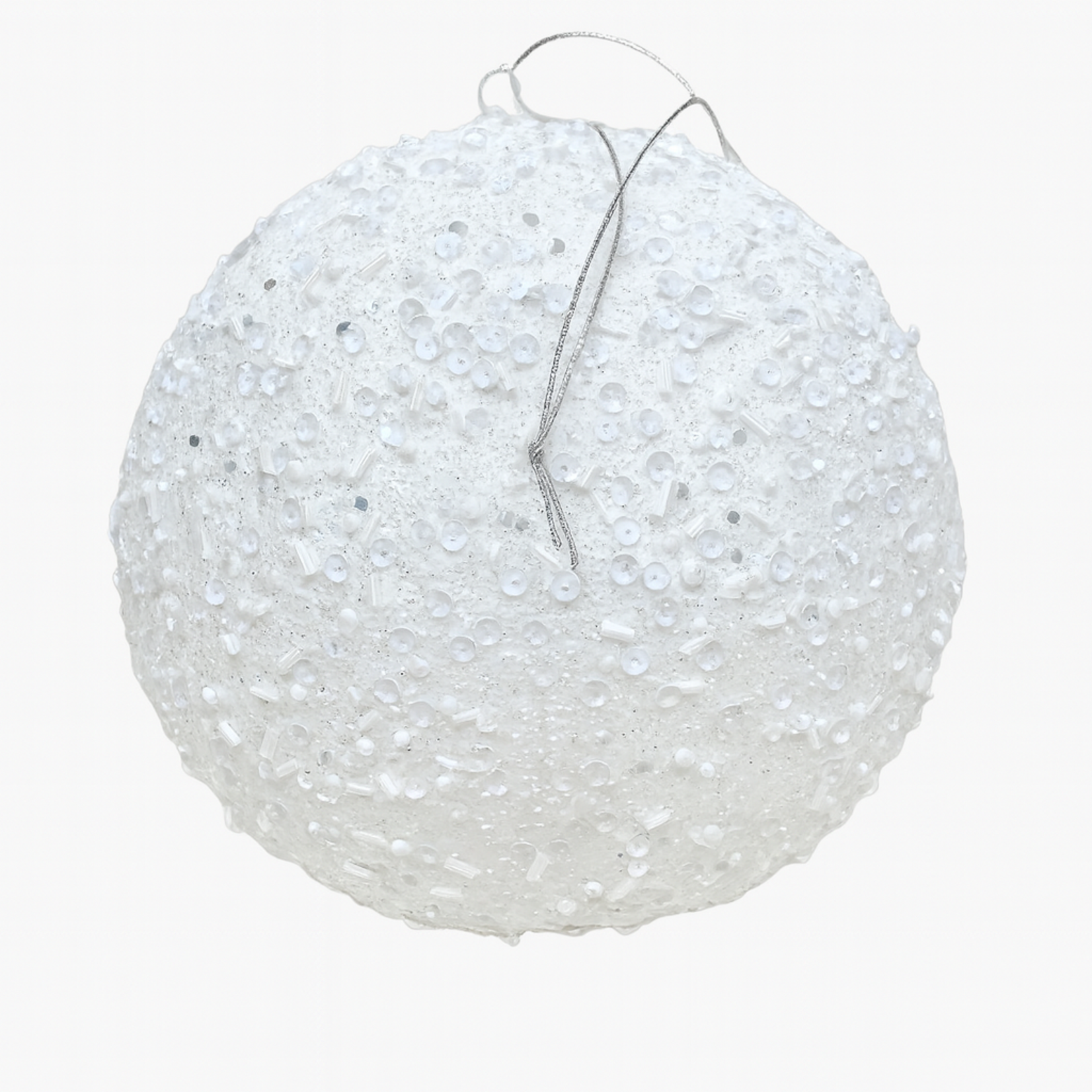 8" WHITE GLITTER BALL ORNAMENT