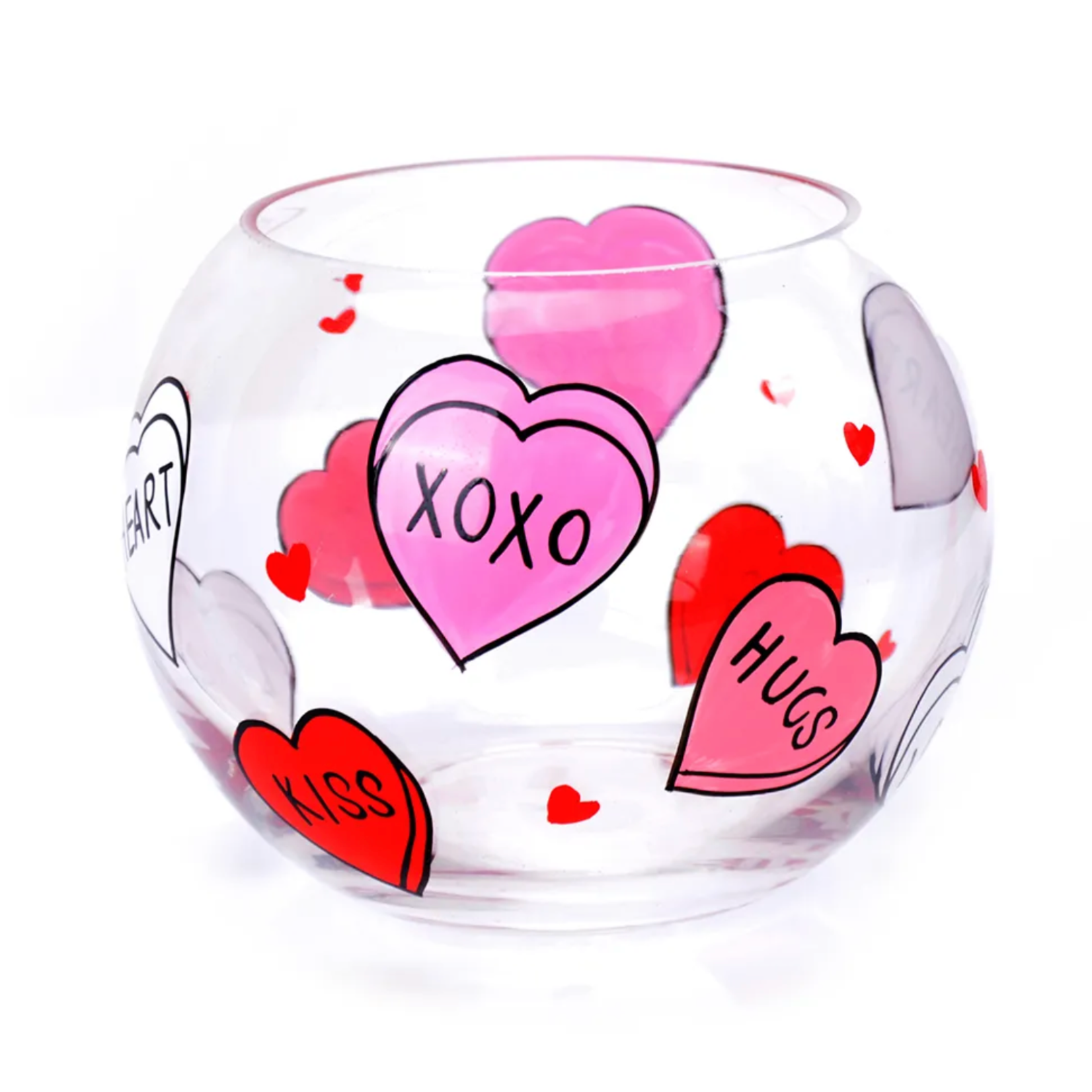 8”D VALENTINES DAY GLASS FISH/BUBBLE BOWL WITH HEARTS