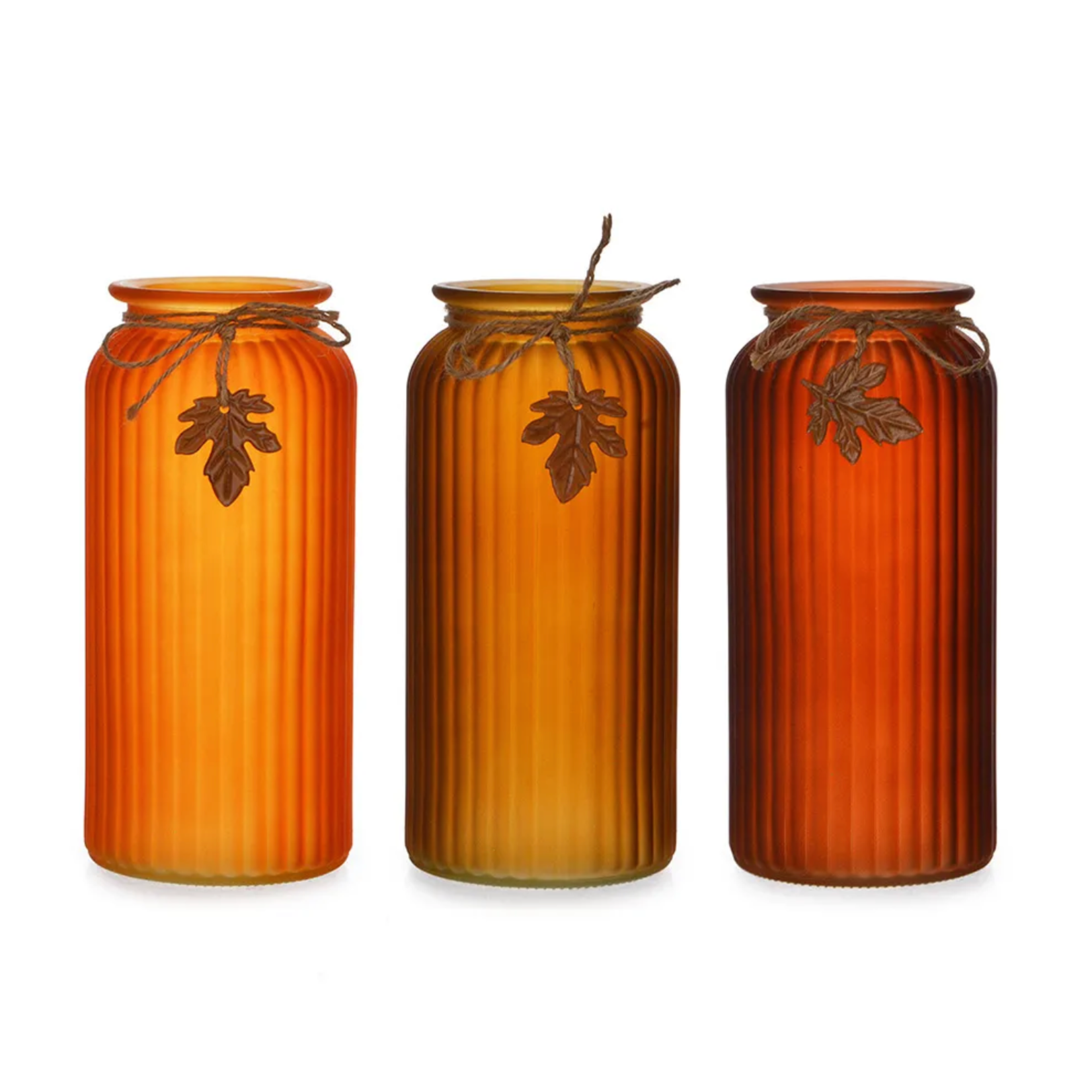 10"H X 5” FALL GLASS RIBBED JAR W/ LEAF (PRICE PER EACH, BOX HAS ASSORTMENT)