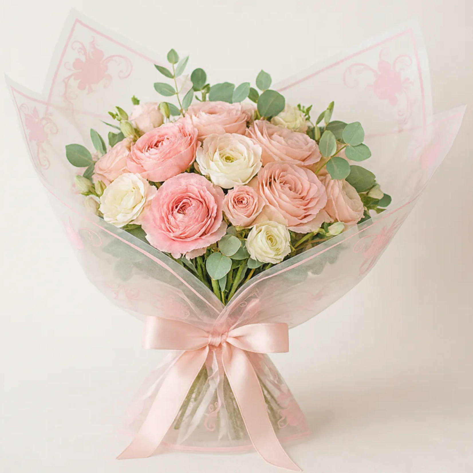 22.5" X 22.5" PINK TRANSPARENT DECORATIVE CORNER FLORAL PAPER 20PER PACK