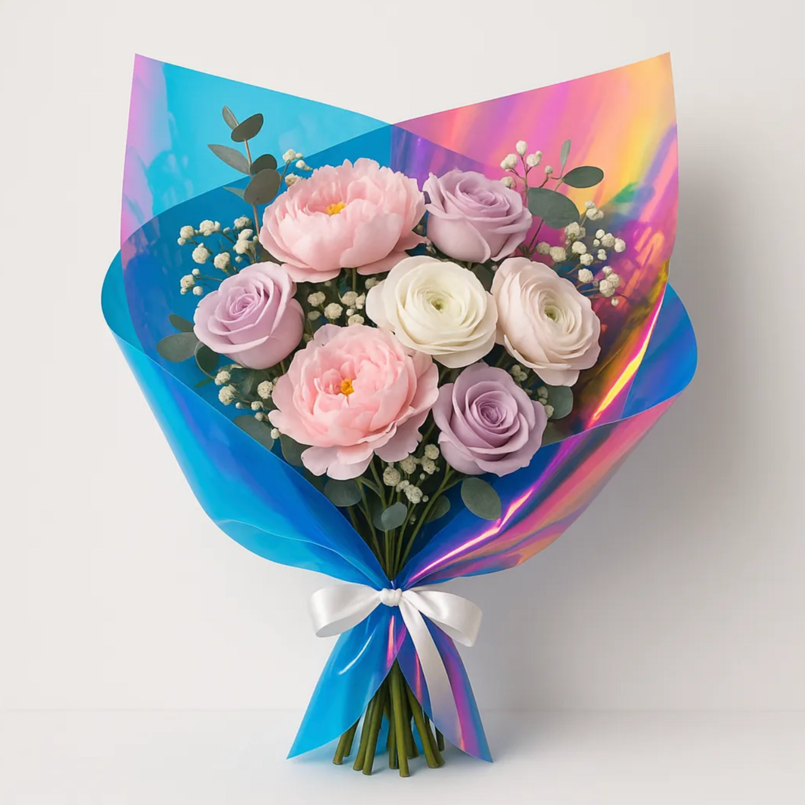 19.75” X 19.75” BLUE IRIDESCENT FLORAL FILM PAPER 10 PER PACK