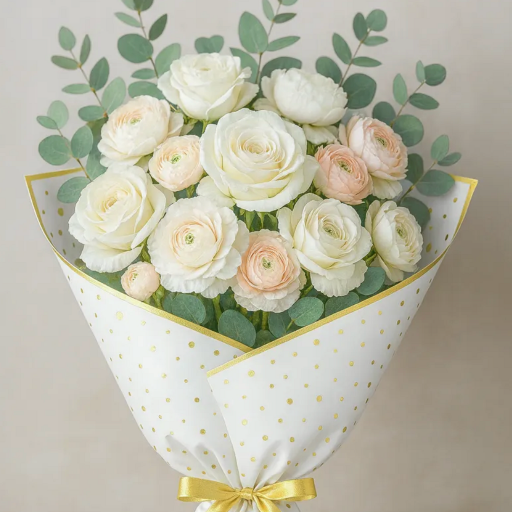 22.5” X 22.5” WHITE WITH GOLD TRIM POLKA DOT FLORAL PAPER 20PER PACK