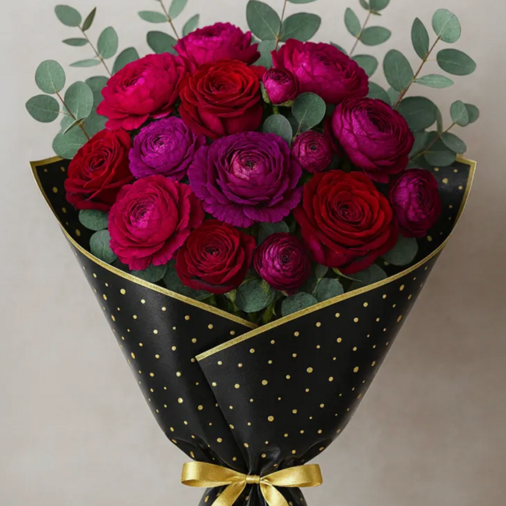 22.5” X 22.5” BLACK WITH GOLD TRIM POLKA DOT FLORAL PAPER 20PER PACK