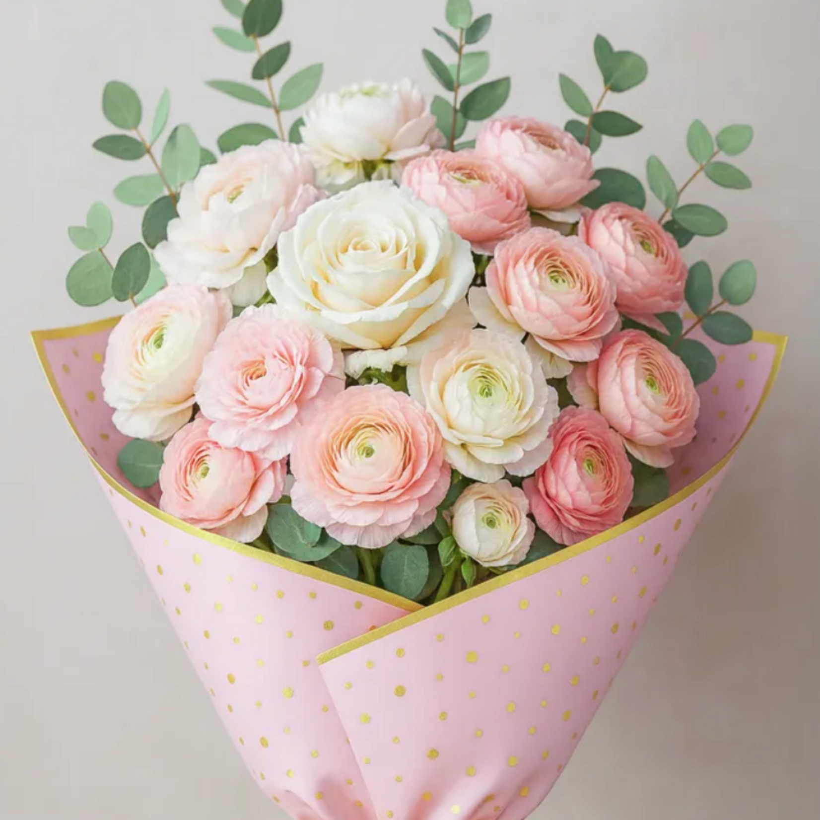 22.5” X 22.5” PINK WITH GOLD TRIM POLKA DOT FLORAL PAPER 20PER PACK