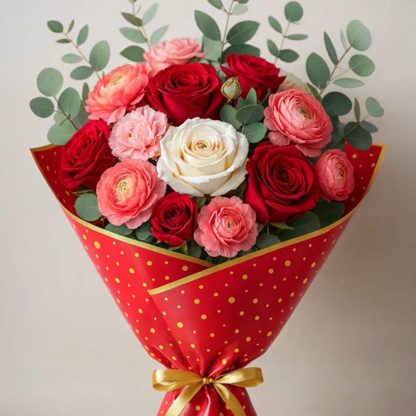 22.5” X 22.5” RED WITH GOLD TRIM POLKA DOT FLORAL PAPER 20PER PACK