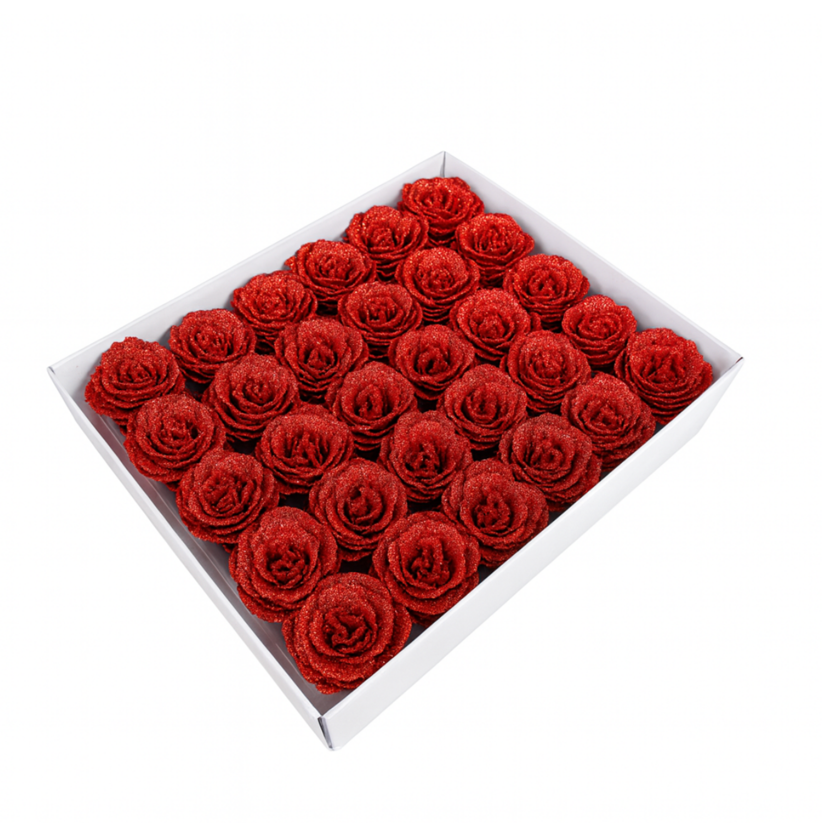 15” X 12.5” X 3”H RED GLITTER ARTIFICIAL FLOWER BOX (1 BX, 30 FLOWERS)