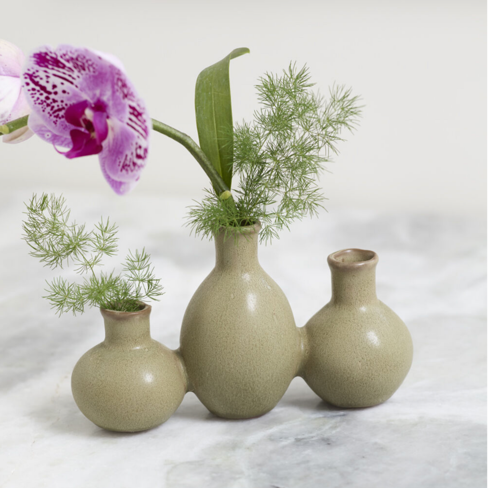 4.5”H X 2.5” X 7.5”L GREEN CERAMIC THYME BUDVASE