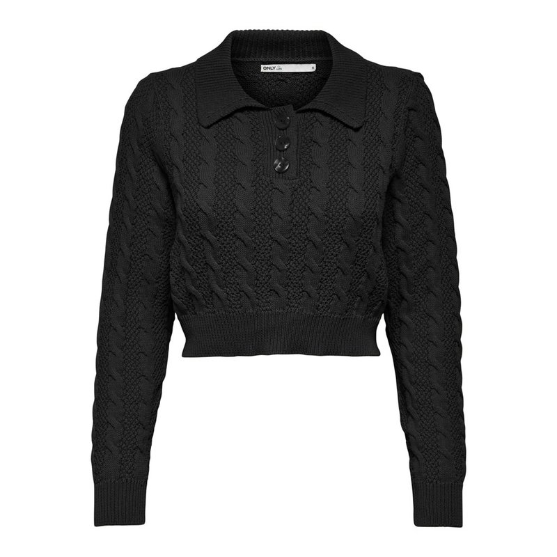 Only Only : Astrid L/S Cropped Polo Knit - Black