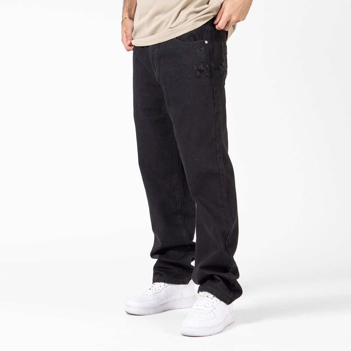 WLKN : Distressed Signature Loose Fit Denim Pants