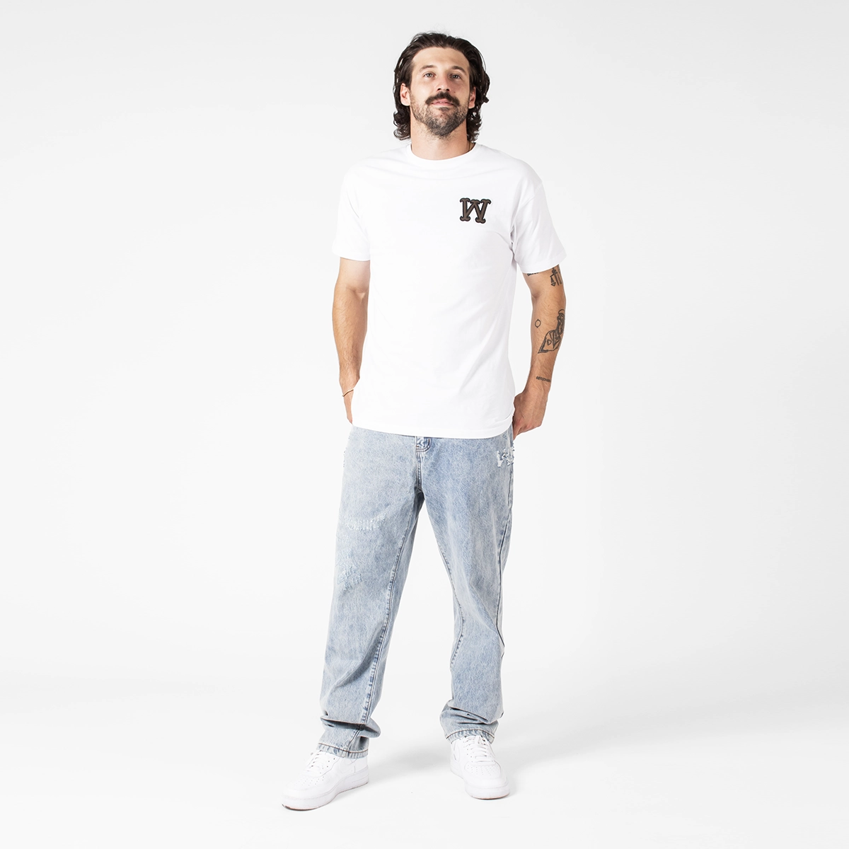 WLKN WLKN : Distressed Logo Loose Fit Denim Pants