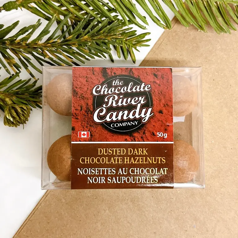The Chocolate River Candy Company Dusted Dark Chocolate Hazelnuts