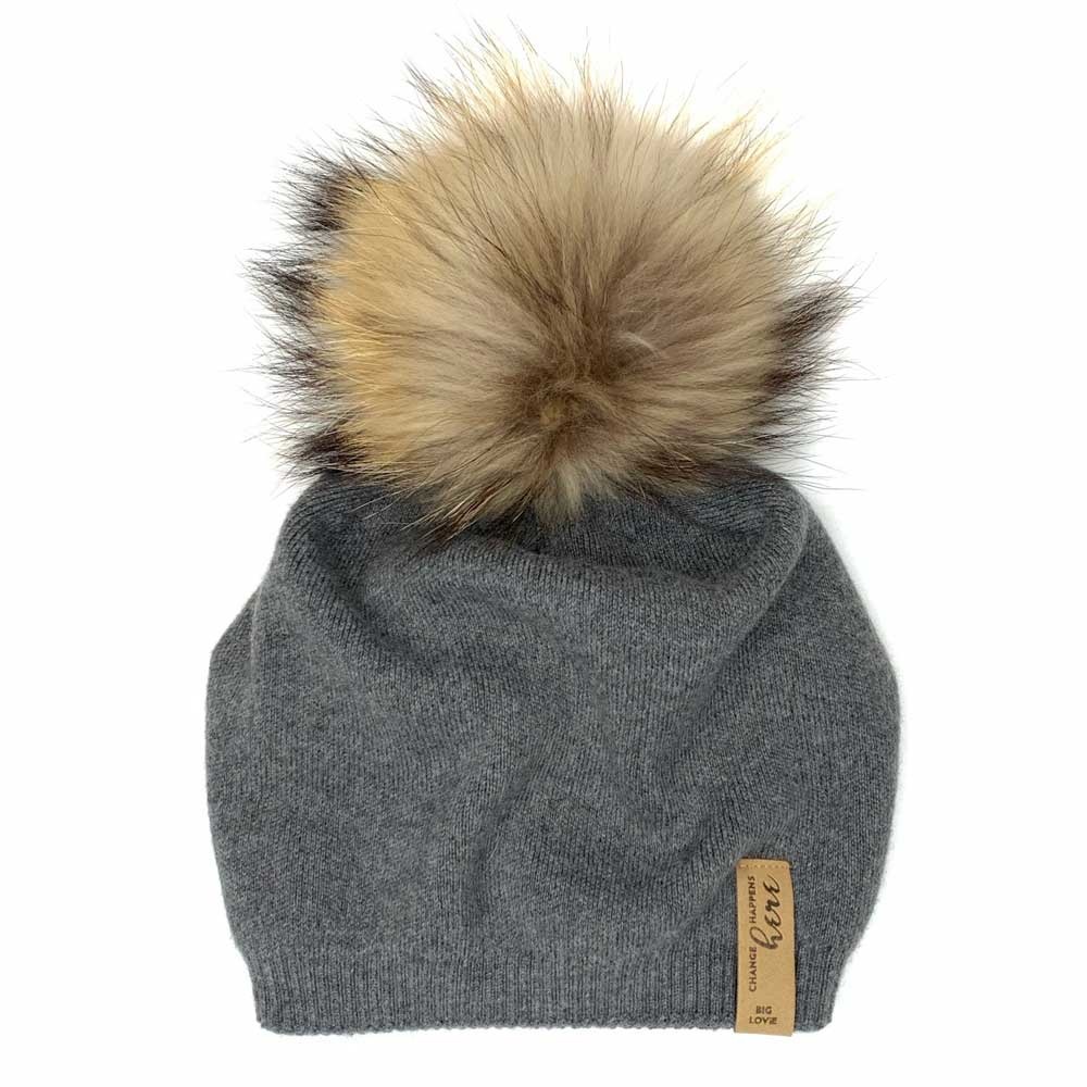 Super Soft Slouch Hat with Real Fur Pom | Ash