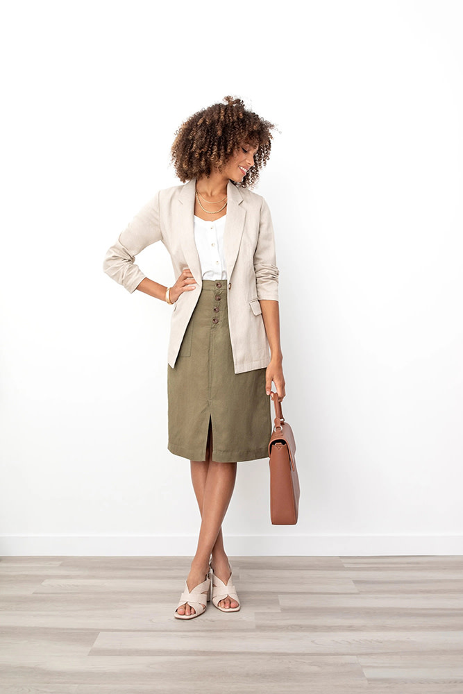 Front Slit Linen-Blend Skirt